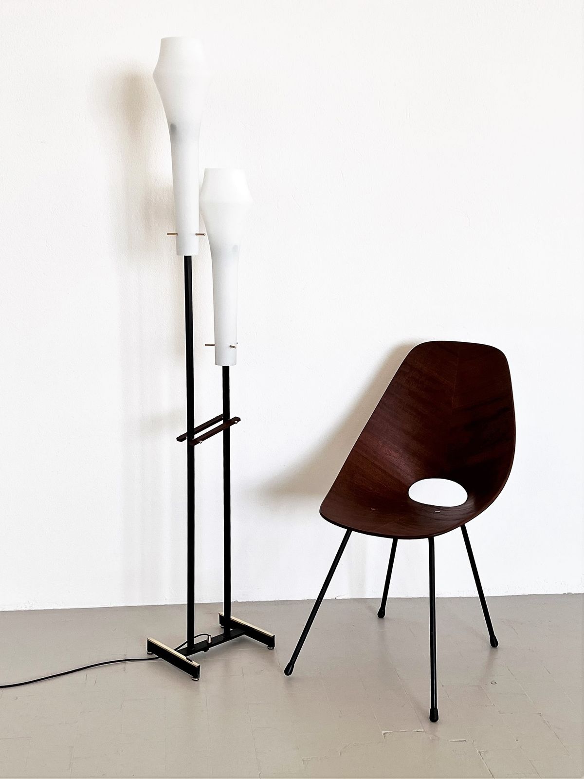 Italian Floor Lamp In White Glass, Wood And Brass By Stilnovo , 1960s photo furniture