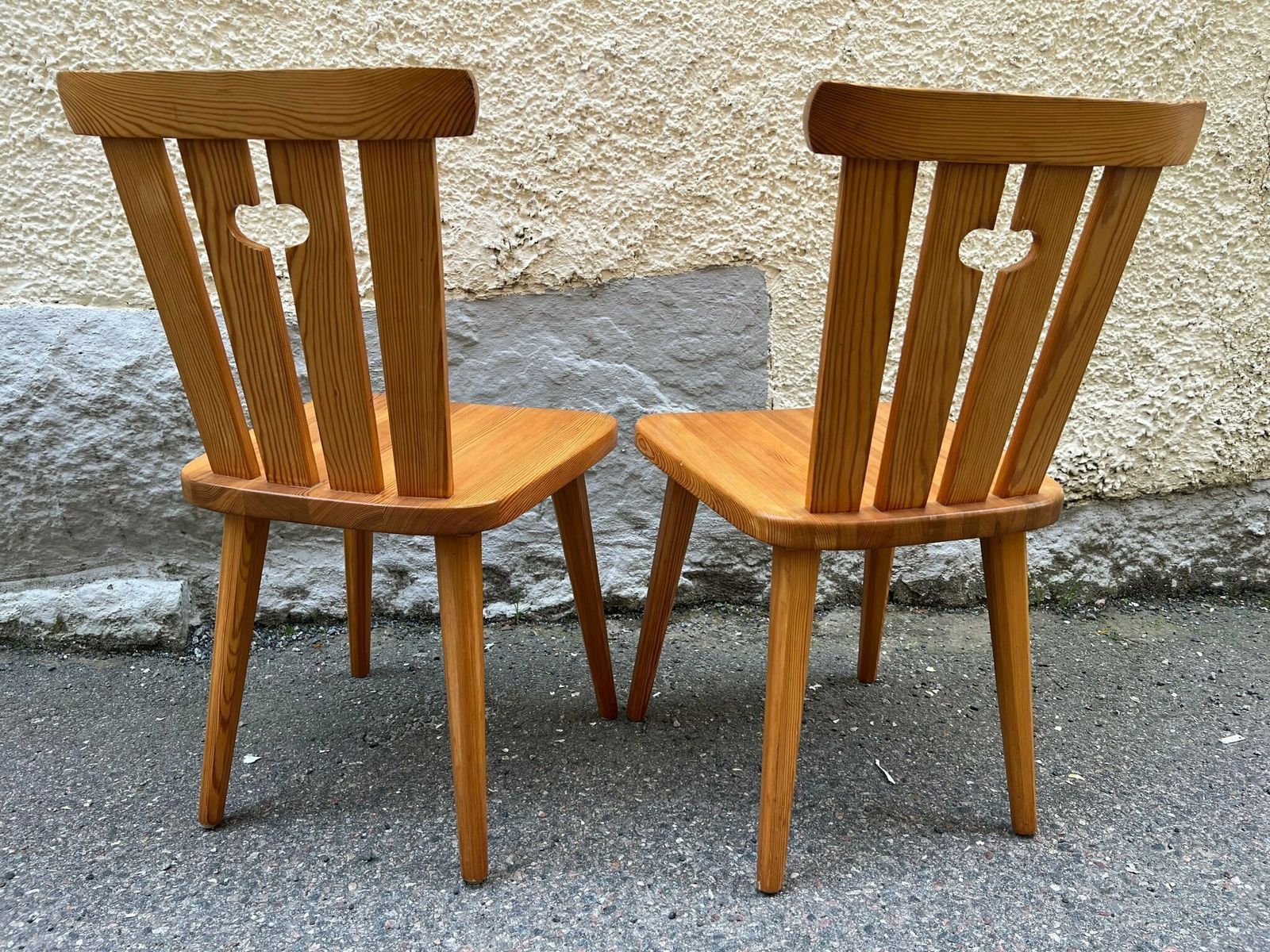 Swedish Vintage, 4 Dinner Chairs By Famouse Designer Göran Malmvall, In Solid Pine 1940´S.  Model: His Much Sought  After Series "Svensk Fur / Sportstugemöbel" photo for sale