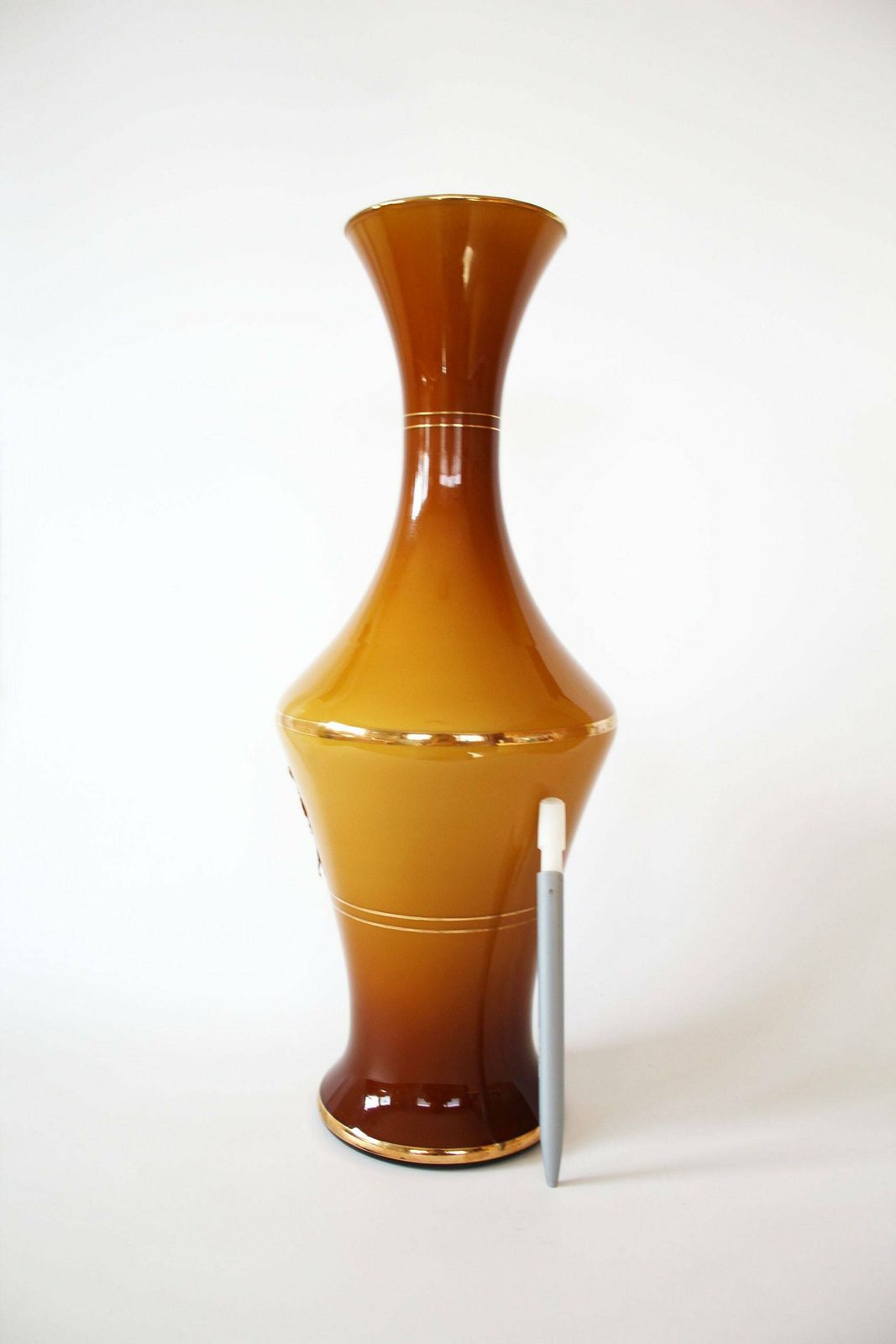 Tall Lg Opaline Glass Vase, Amber Brown Glass And Gold Rims, Hand Made, Mid Century Vase, Italy, Label, Light Scratches, Empoli photo for sale