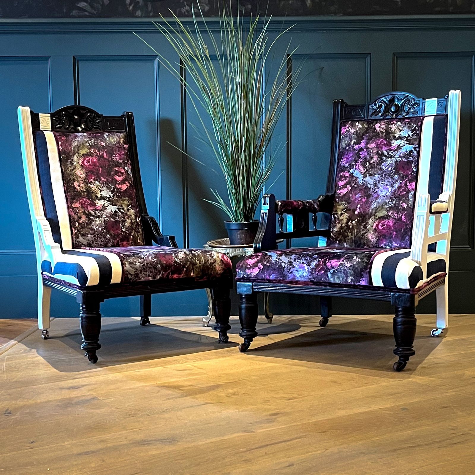 Striped Floral Upholstered Victorian Occasional Chairs