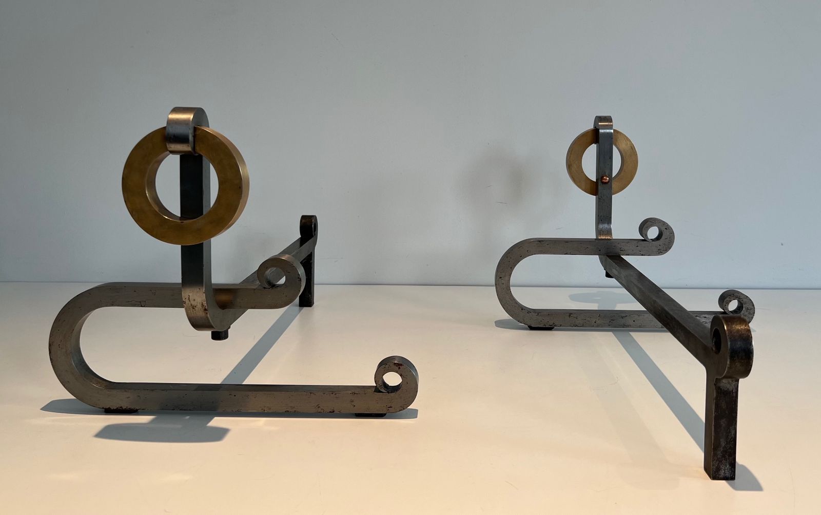 Pair Of Modernist Andirons In Chromed Steel, Brass And Wrought Iron photo Home Fixtures