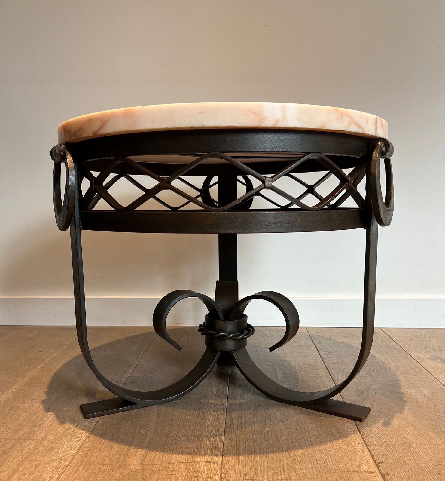 Art Deco Wrought And Hammered Iron Pedestal Table With White Marble Top photo furniture