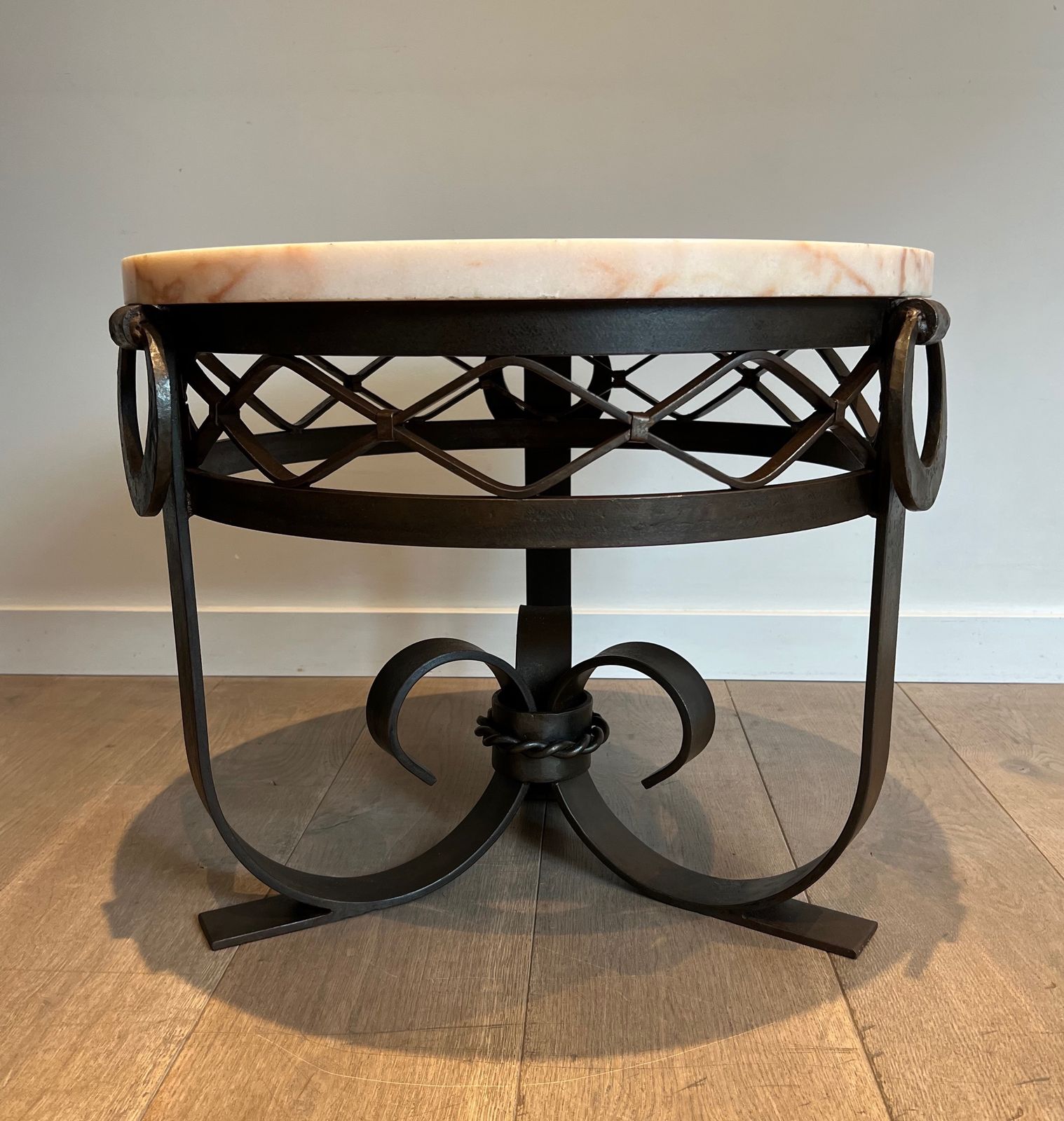 Art Deco Wrought And Hammered Iron Pedestal Table With White Marble Top photo for sale
