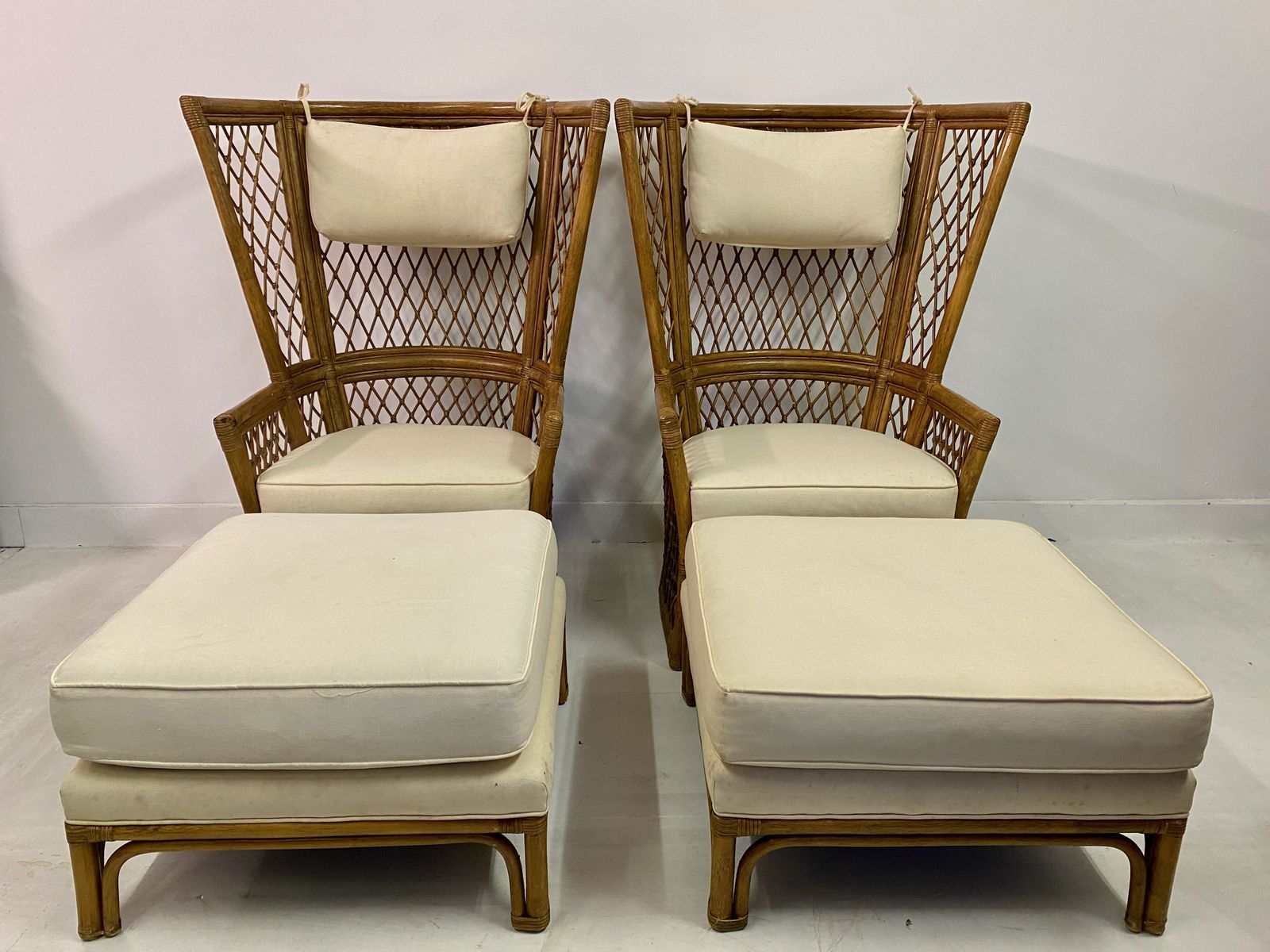 Pair Of 1980s High Back Bamboo Chairs With Ottomans photo for sale