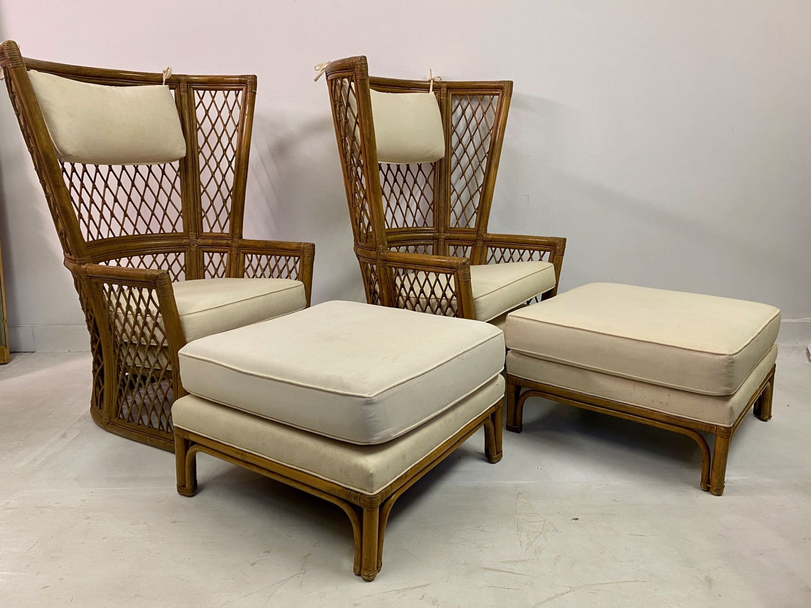 photo furniture Pair Of 1980s High Back Bamboo Chairs With Ottomans