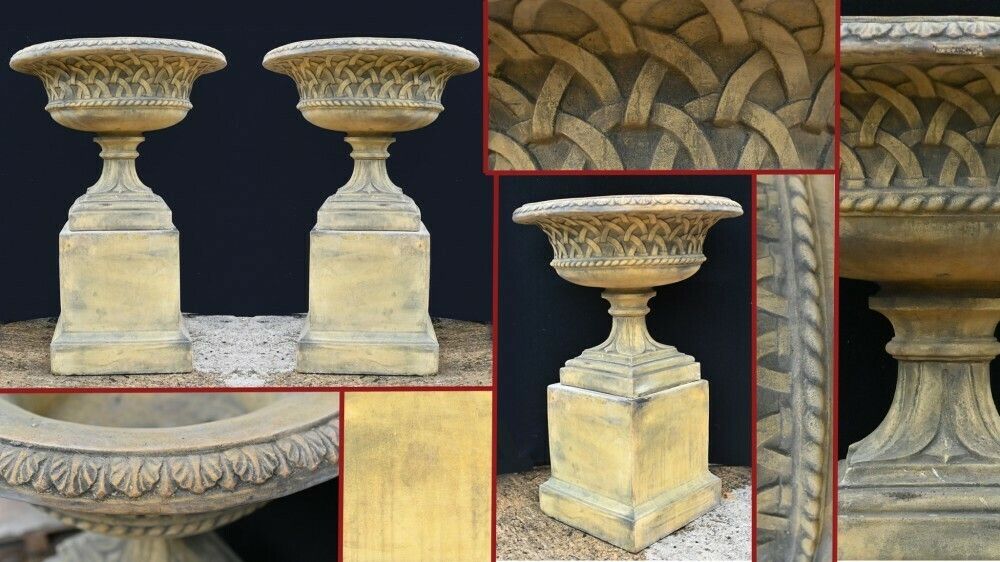 Pair Terracotta Garden Urns Pedestal Classical Celtic Gothic