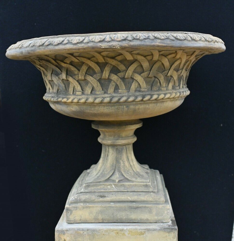 Pair Terracotta Garden Urns Pedestal Classical Celtic Gothic photo vintage