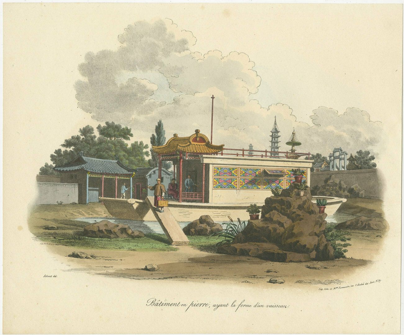 Antique Print Of A Chinese Stone Building In The Shape Of A Ship