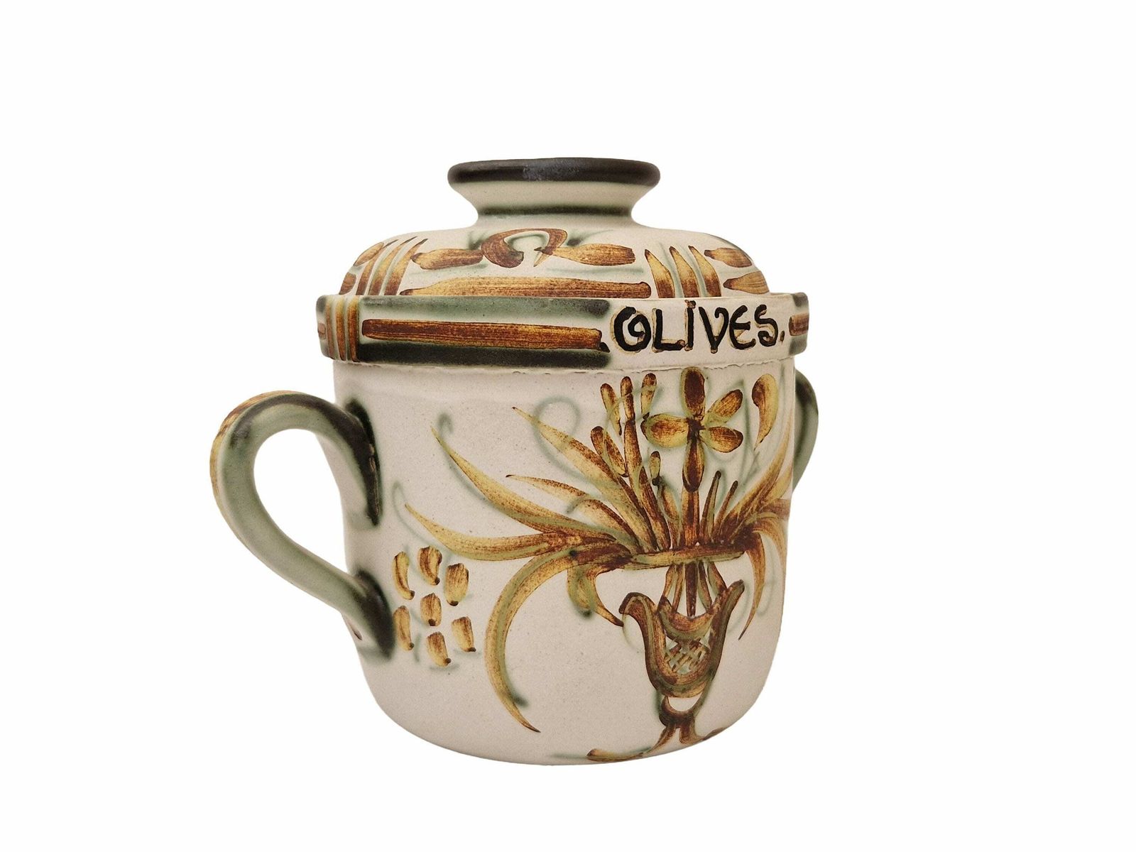 Keraluc Quimper Ceramic Olive Jar, French Mid Century Hand Painted Pottery Lidded Pot photo for sale
