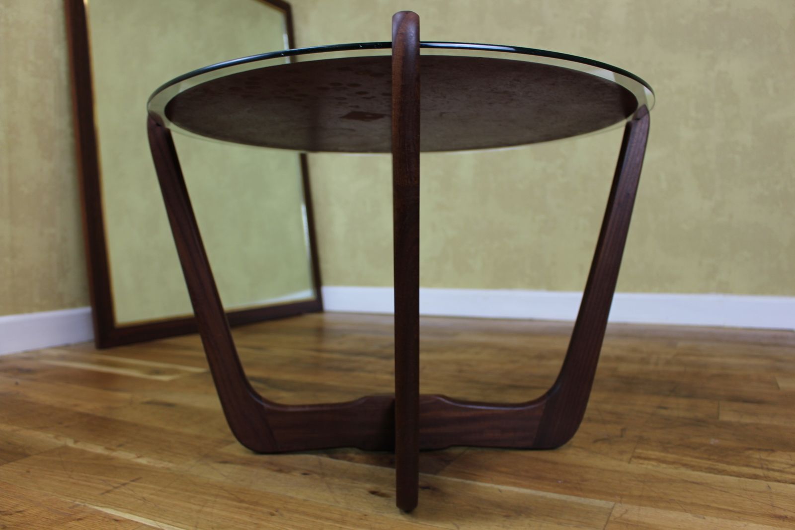 1960’s British Mirrored Teak Circular Glass Coffee Table photo for sale