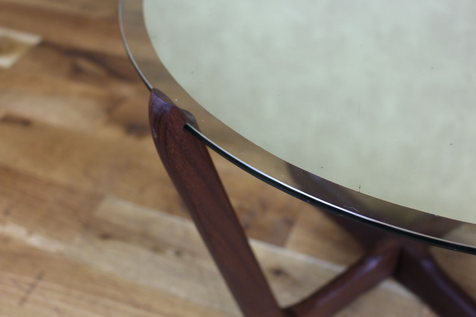 1960’s British Mirrored Teak Circular Glass Coffee Table photo vinterior