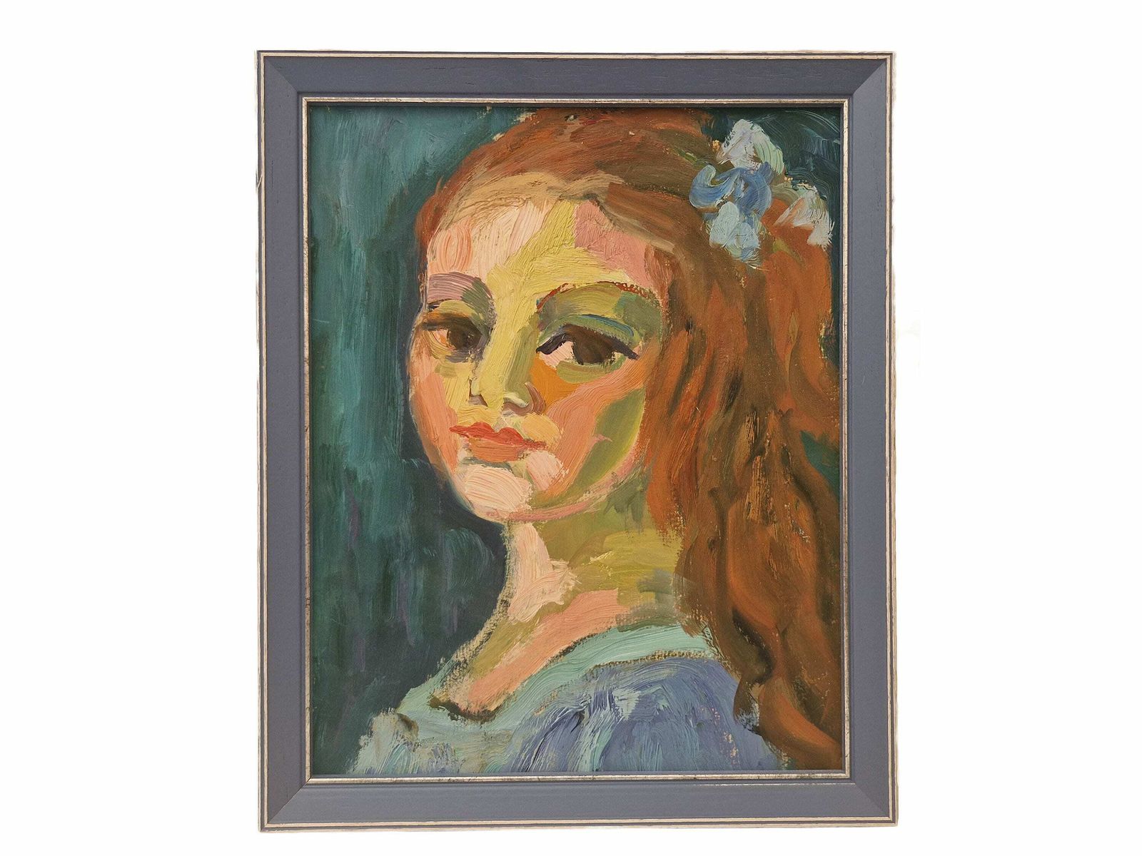 Expressionistisch Portret Van Een Roodharig Meisje, Olieverfschilderij, Mid Century, Ingelijst