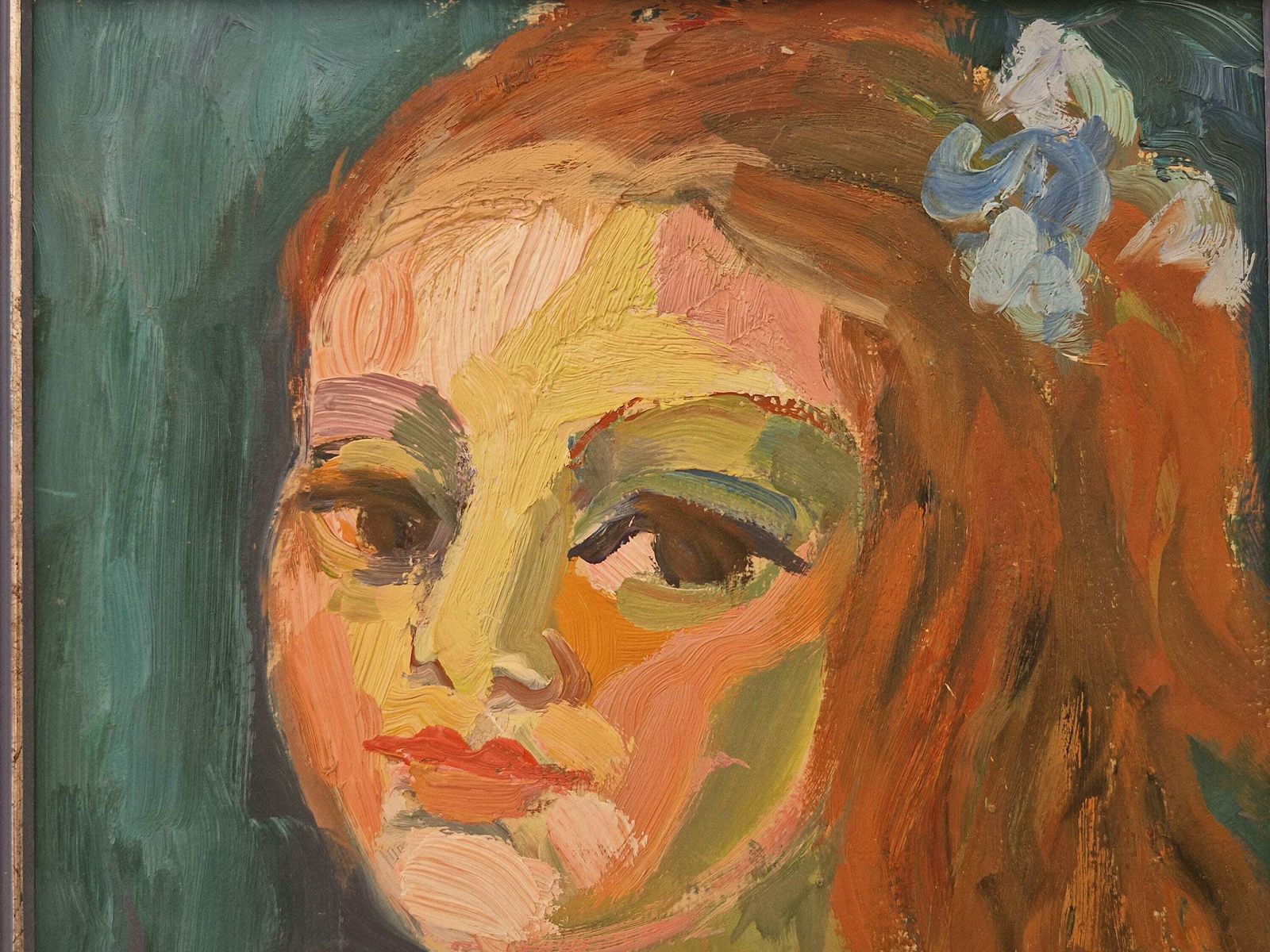 Expressionist Red Hair Girl Portrait Oil Painting, Mid Century Framed French Original Art photo Art