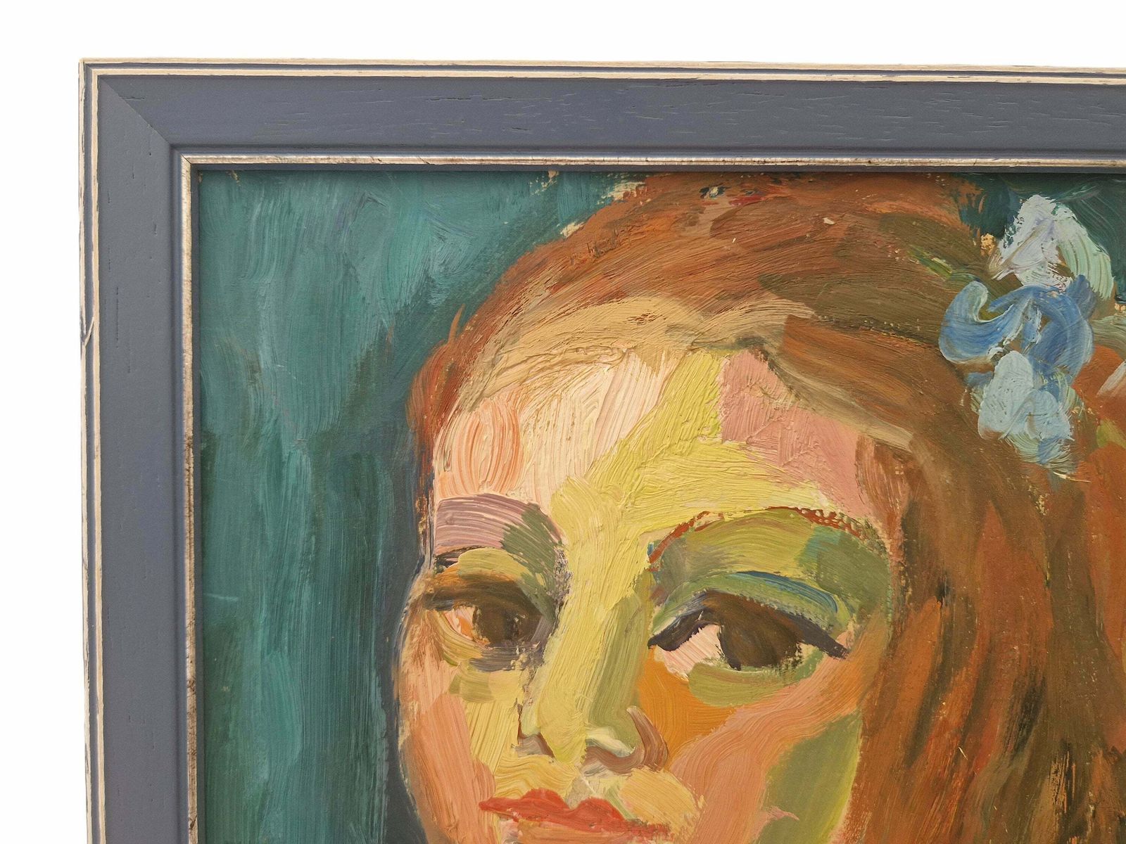 Expressionist Red Hair Girl Portrait Oil Painting, Mid Century Framed French Original Art photo vinterior