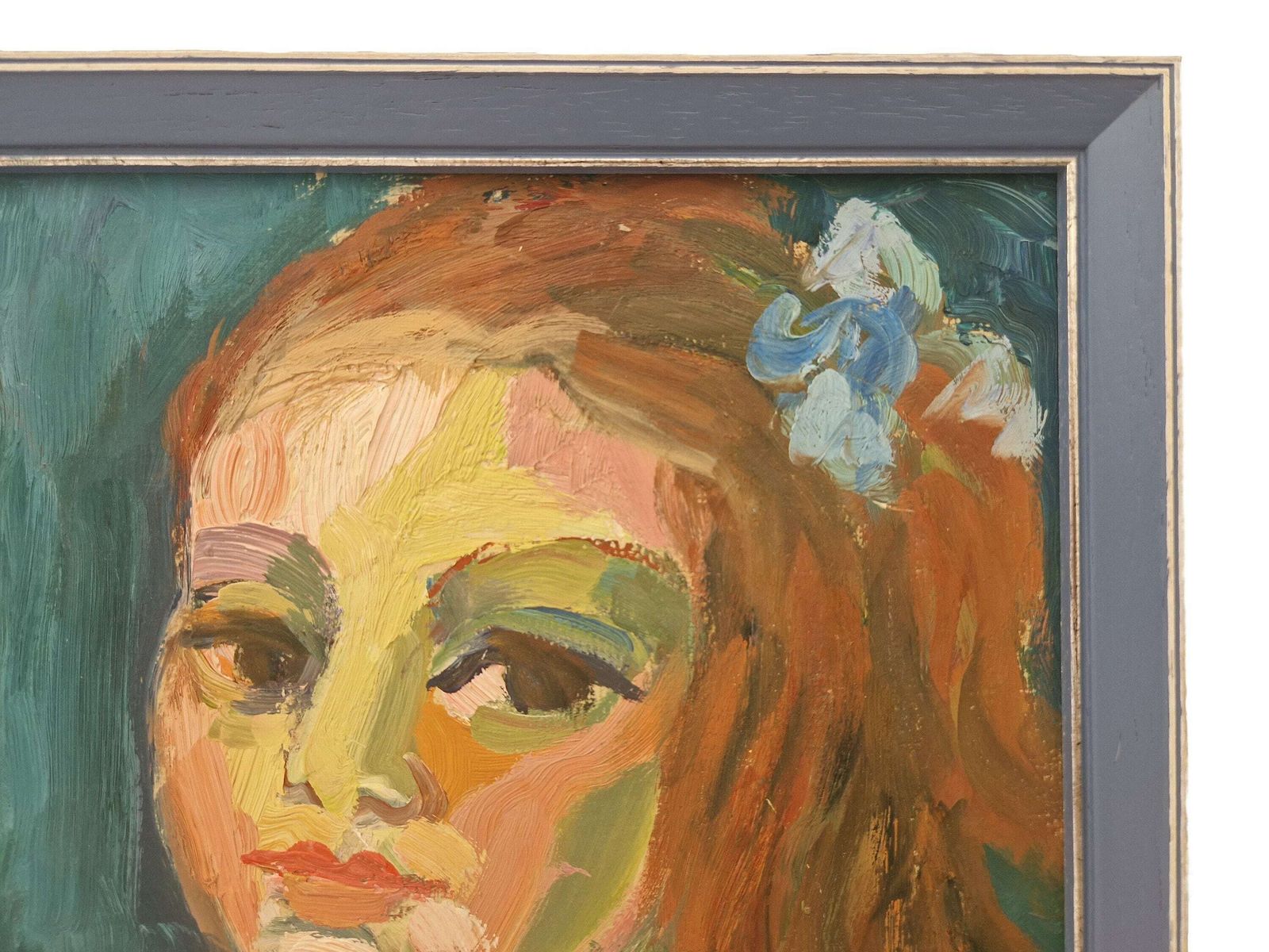 Expressionist Red Hair Girl Portrait Oil Painting, Mid Century Framed French Original Art photo vintage