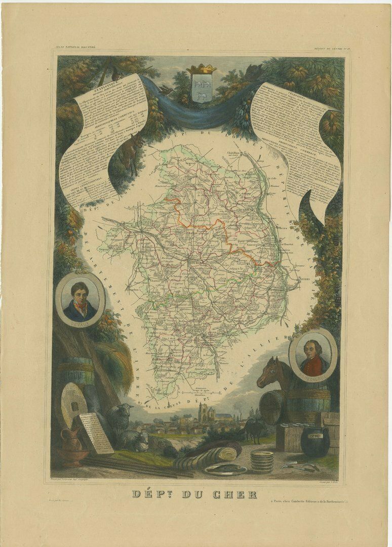 Hand Colored Antique Map Of The Department Of Cher, France