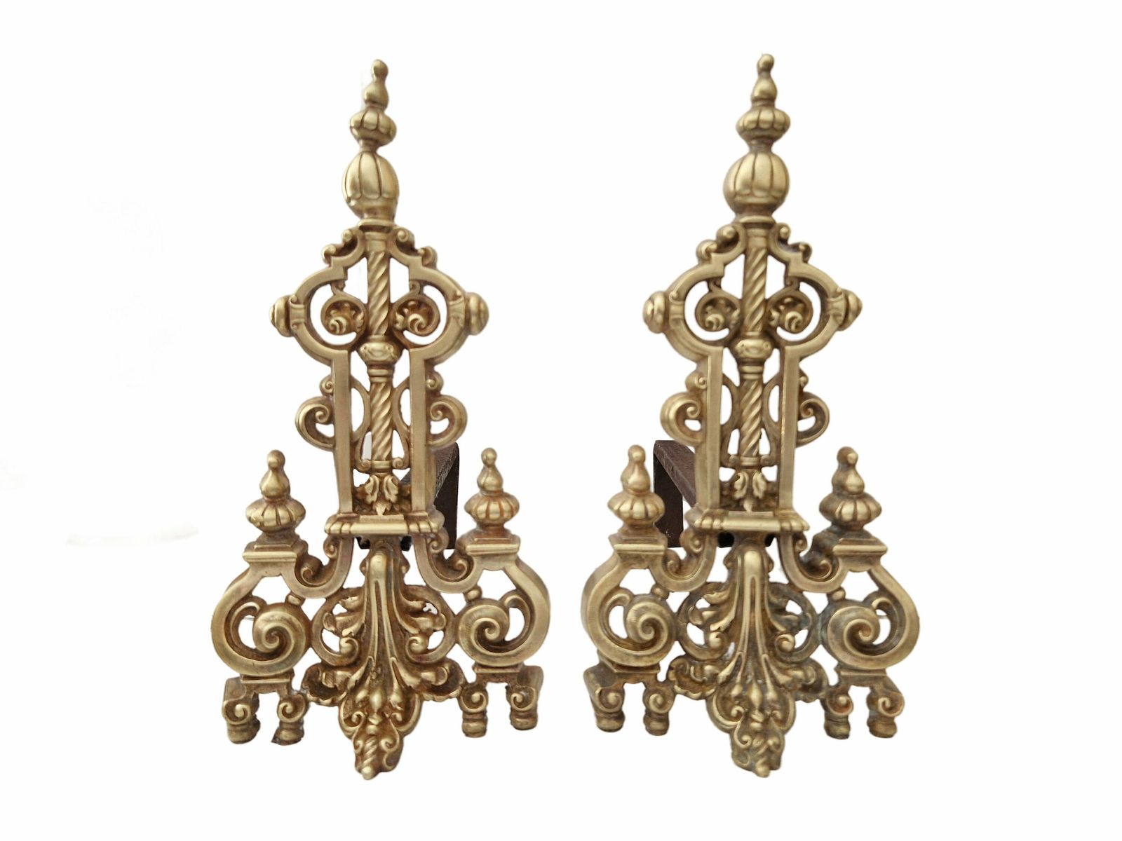 Antique French Brass Fireplace Chenets, A Pair, 19th Century Provincial Andirons photo furniture