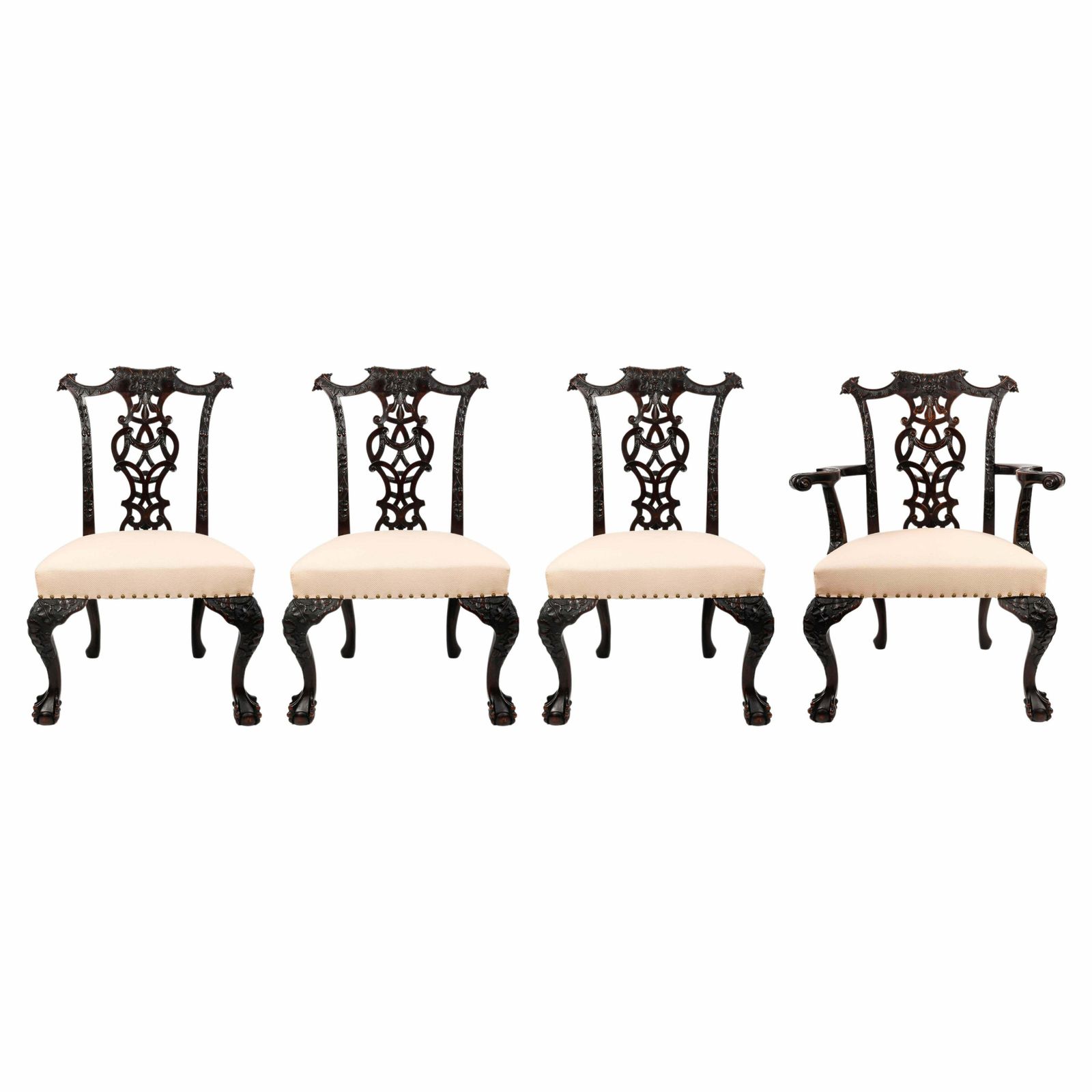 Suite Of 3 Chairs And An Armchair In The Chippendale Style, 19th Century.