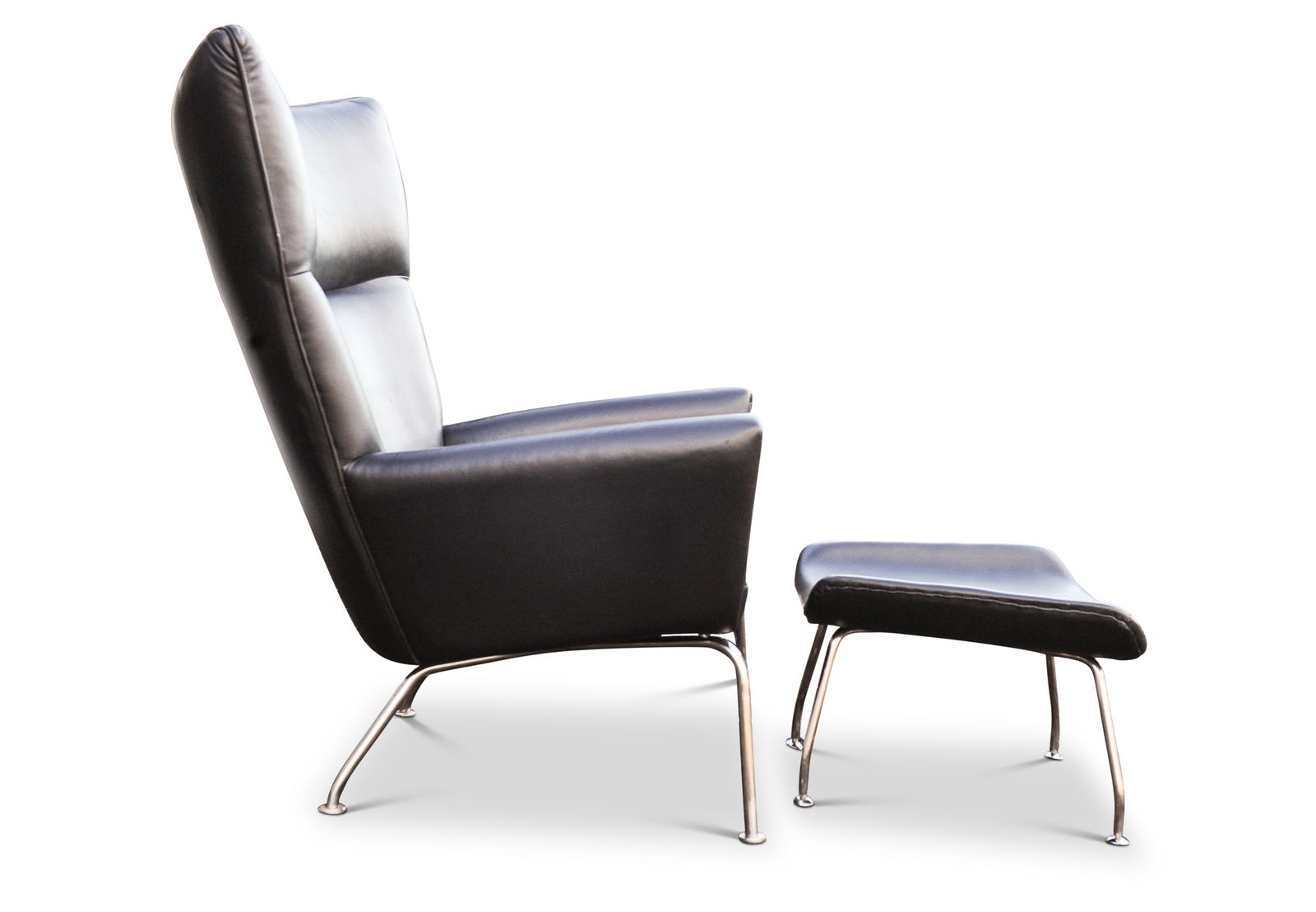 Hans J Wegner Ch445 Design Premium Black Leather And Stainless Steel Wing Armchair Complete With Matching Footstool Ol photo buy