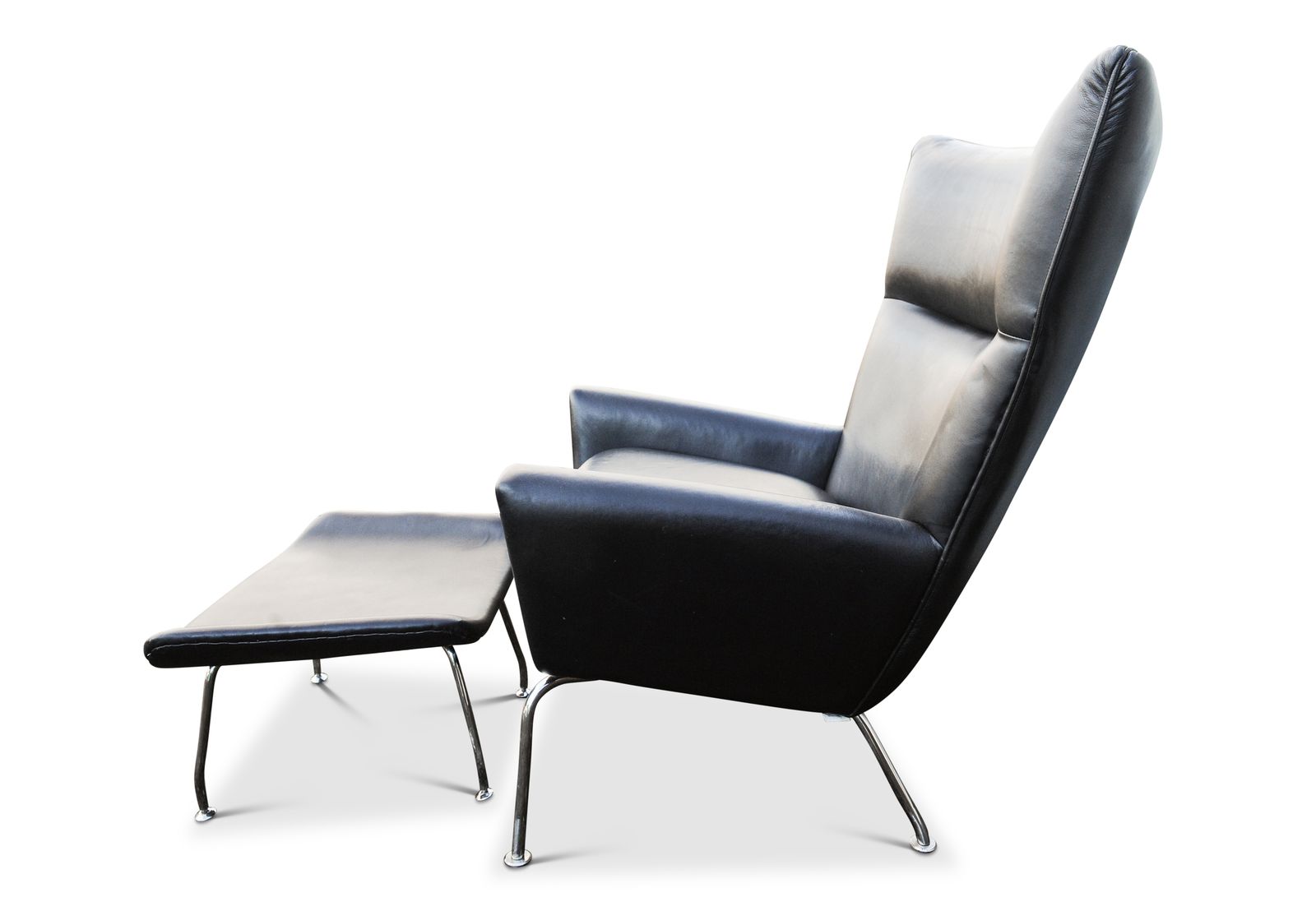 Hans J Wegner Ch445 Design Premium Black Leather And Stainless Steel Wing Armchair Complete With Matching Footstool Ol photo furniture