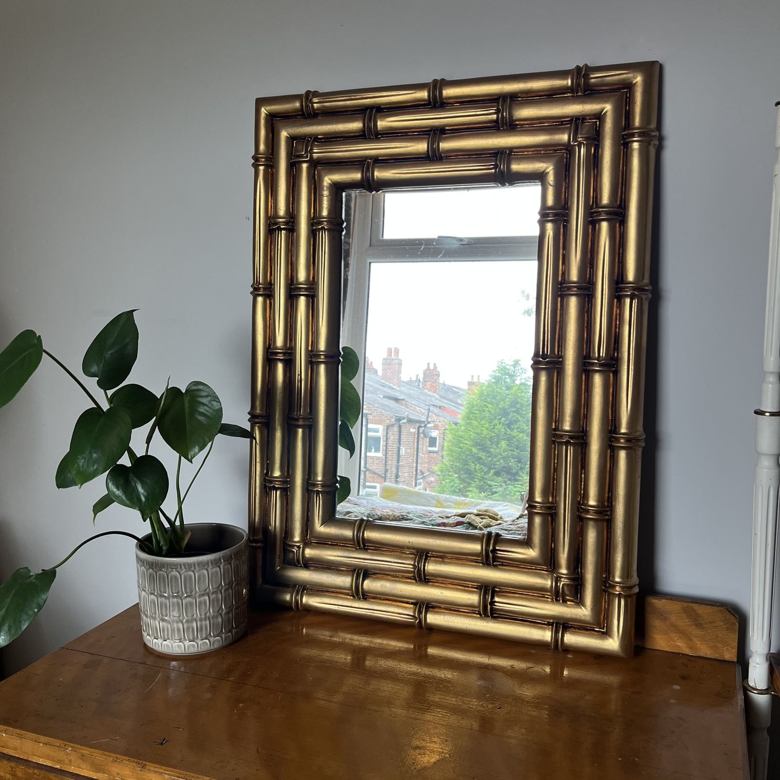 Large Striking Gold Faux Bamboo Wall Mirror photo vinterior