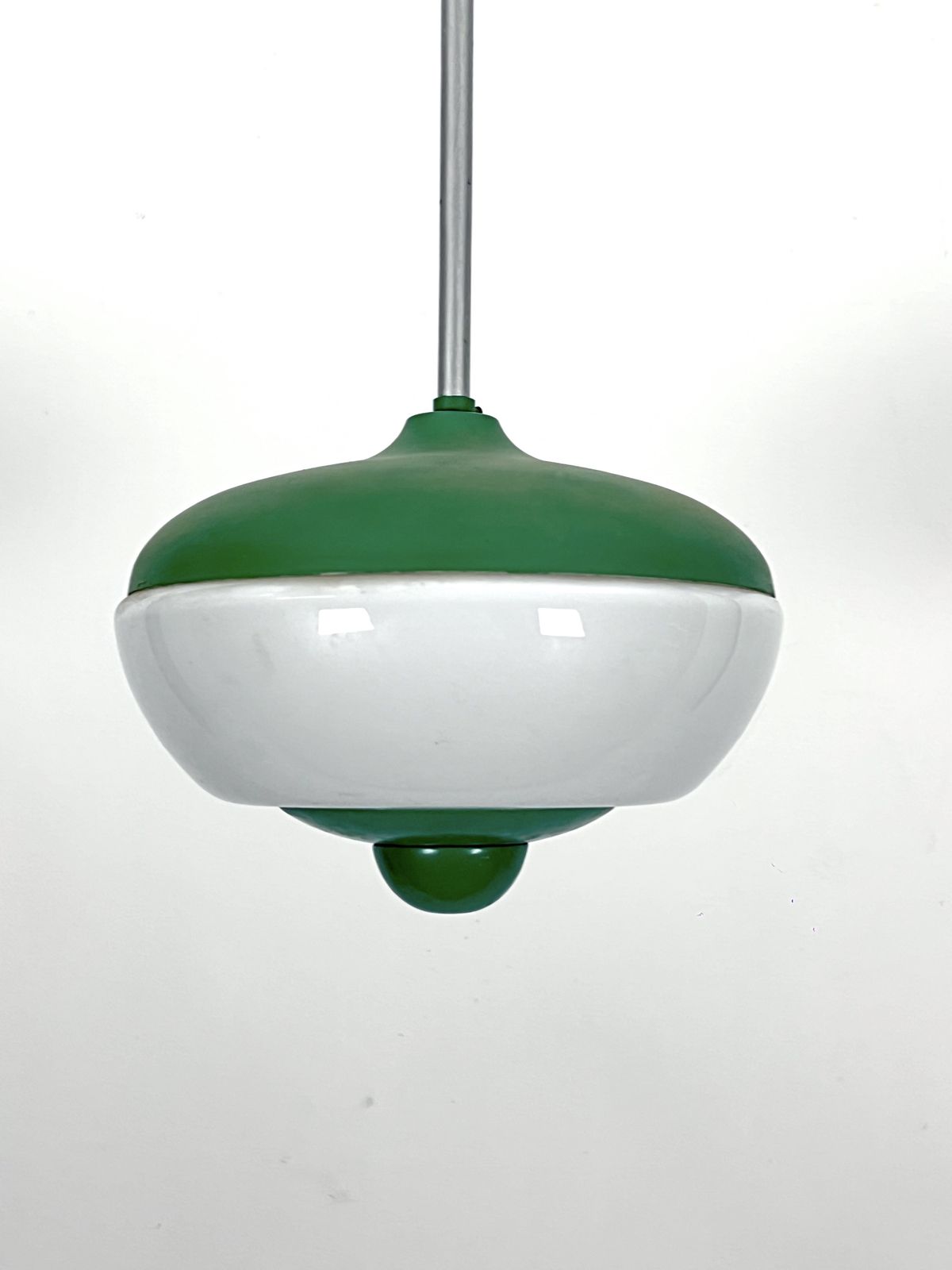 Mid Century Green Lacquer And Milk Glass Pendant. Italy 1950s photo furniture