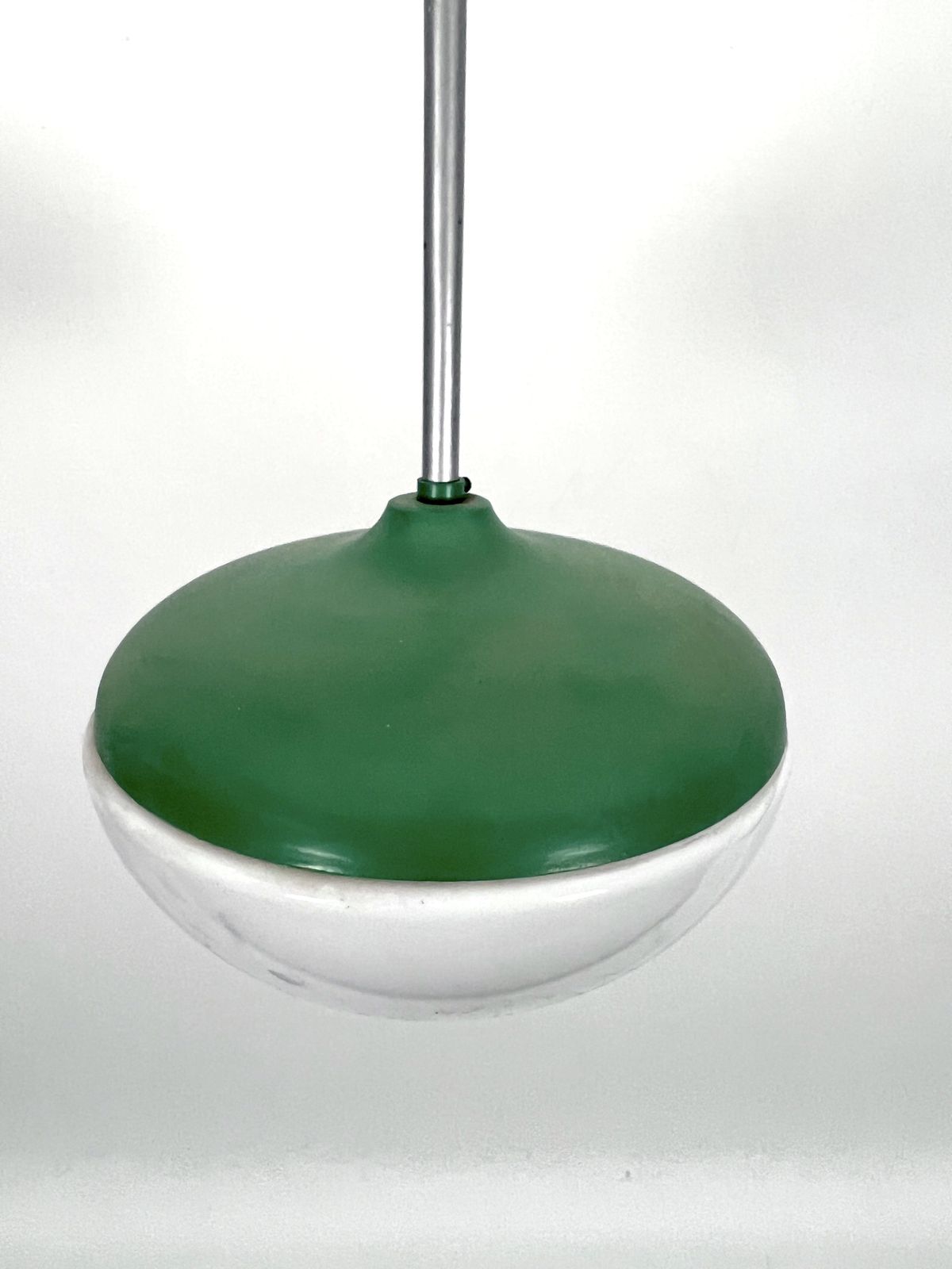 Mid Century Green Lacquer And Milk Glass Pendant. Italy 1950s photo Lighting