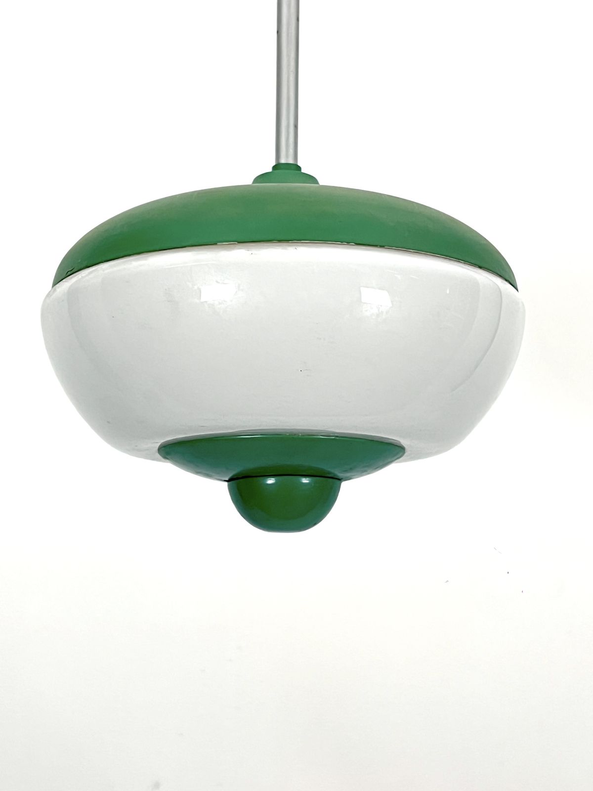 photo furniture Mid Century Green Lacquer And Milk Glass Pendant. Italy 1950s
