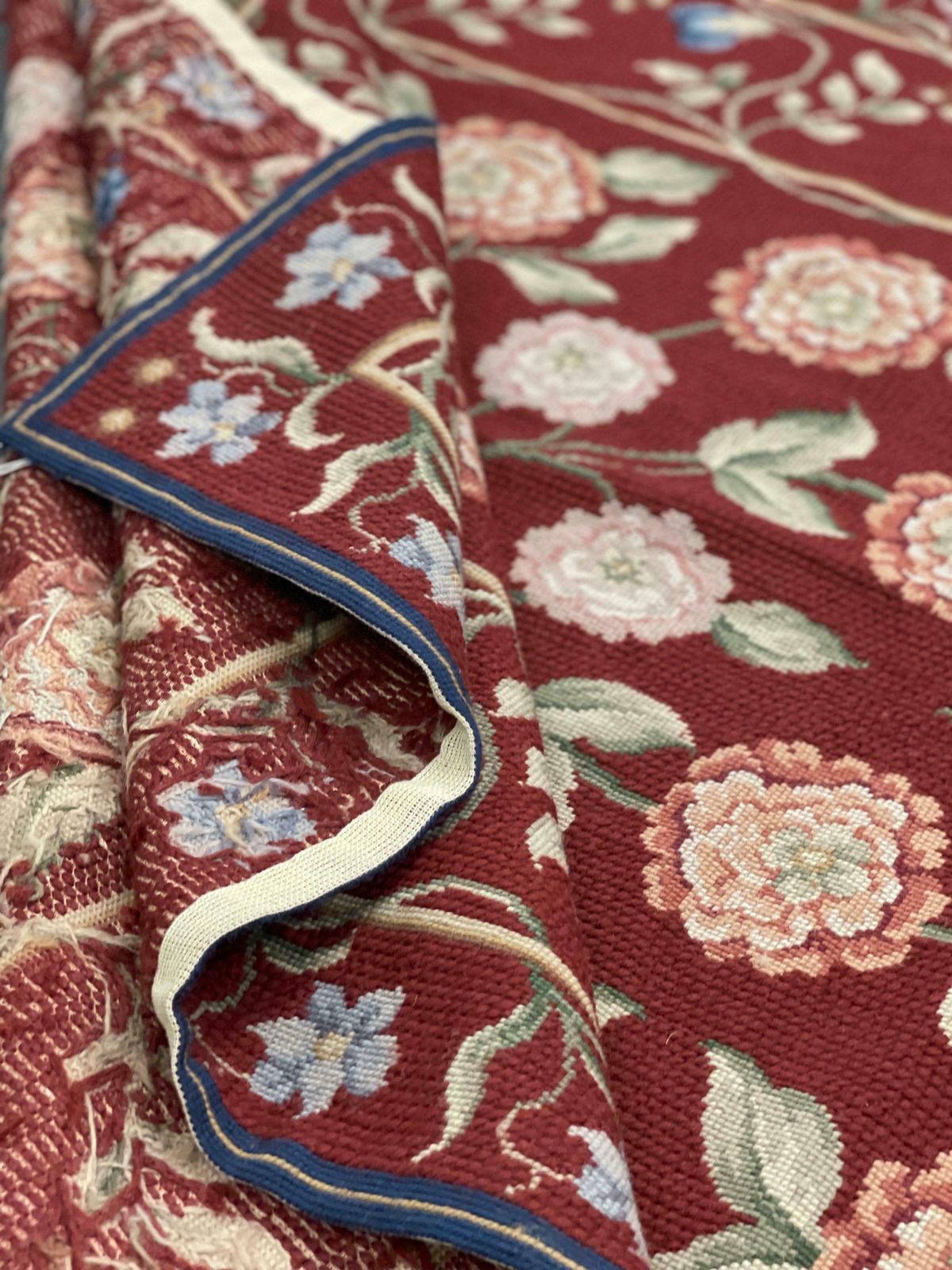 French Aubusson Rug Red Traditional Carpet Handwoven Wool Floral Needlepoint Rug photo vinterior