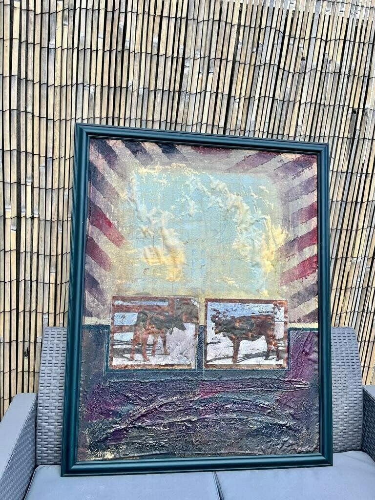 Original Vintage Large Framed Jim M. Shubin B1945 Mixed Media On Fabric ‘Stripes’