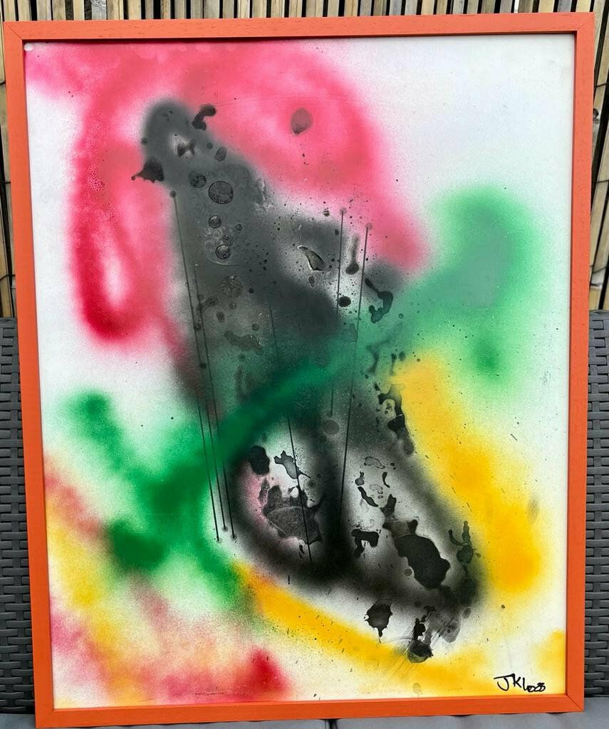 Original Contemporary Orange Hand Painted Framed Mixed Media On Board Spray Paint ‘Untitled’ J Kloss photo furniture