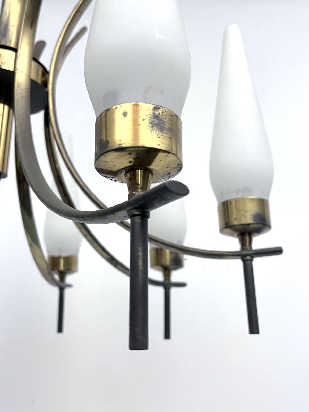 Mid Century 8 Lights Brass And Opaline Glass Chandelier. Italy 1950s photo buy