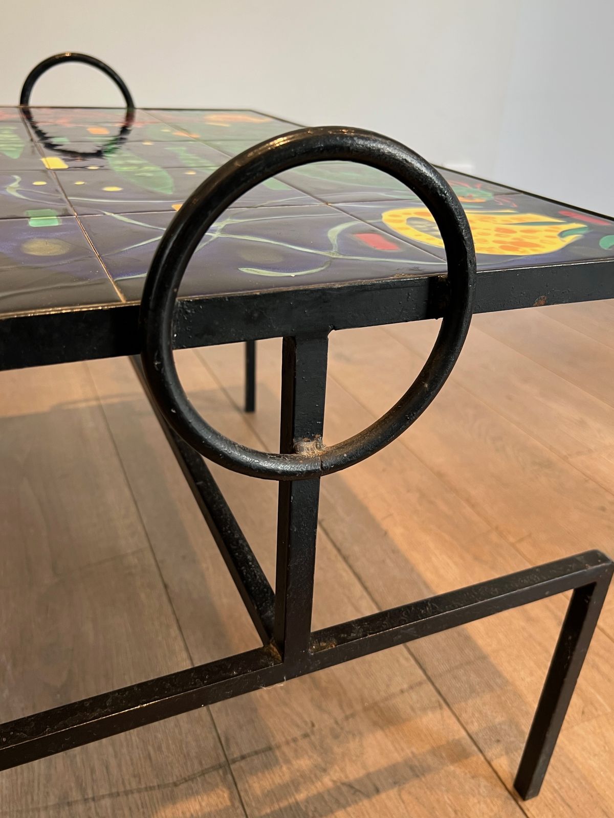 Coffee Table In Black Lacquered Metal And Ceramic In The Taste Of Jacques Adnet photo vintage