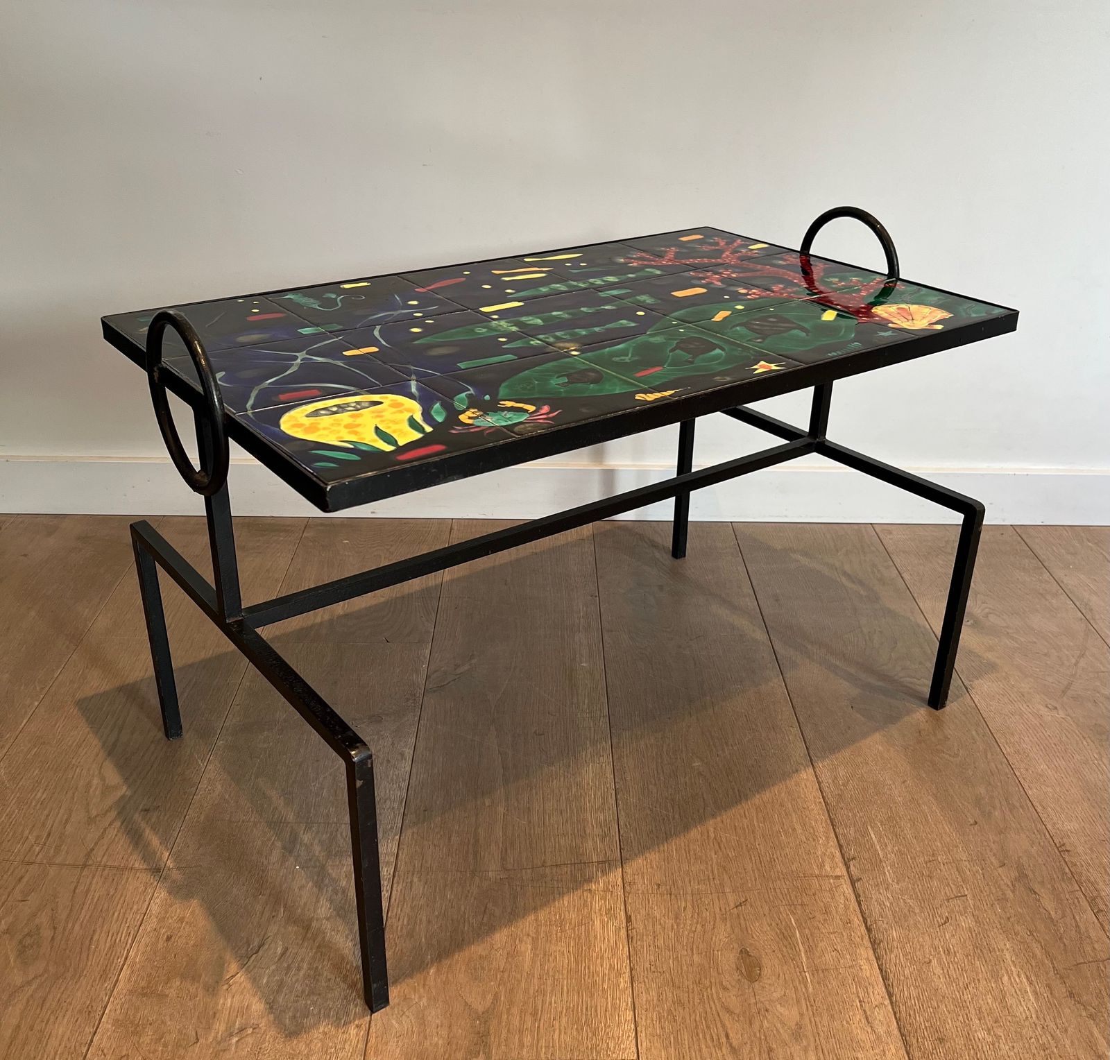 2950.0 Coffee Table In Black Lacquered Metal And Ceramic In The Taste Of Jacques Adnet photo