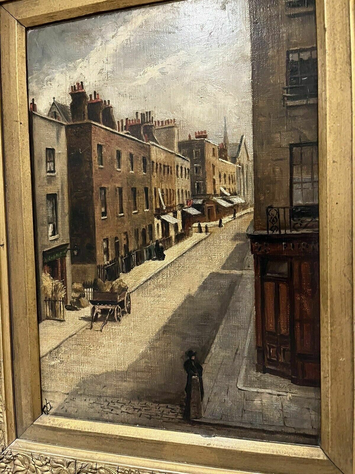 Victorian English Street Scene, Oil On Board, Signed, In Gilt Frame. photo furniture