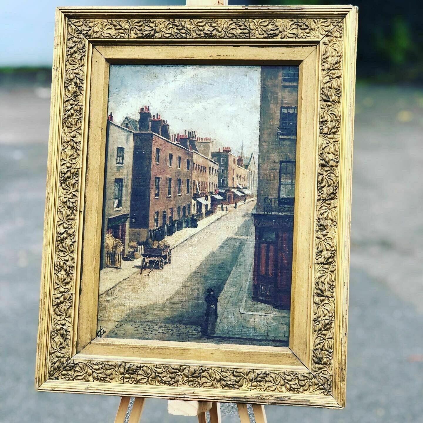 Victorian English Street Scene, Oil On Board, Signed, In Gilt Frame. photo buy