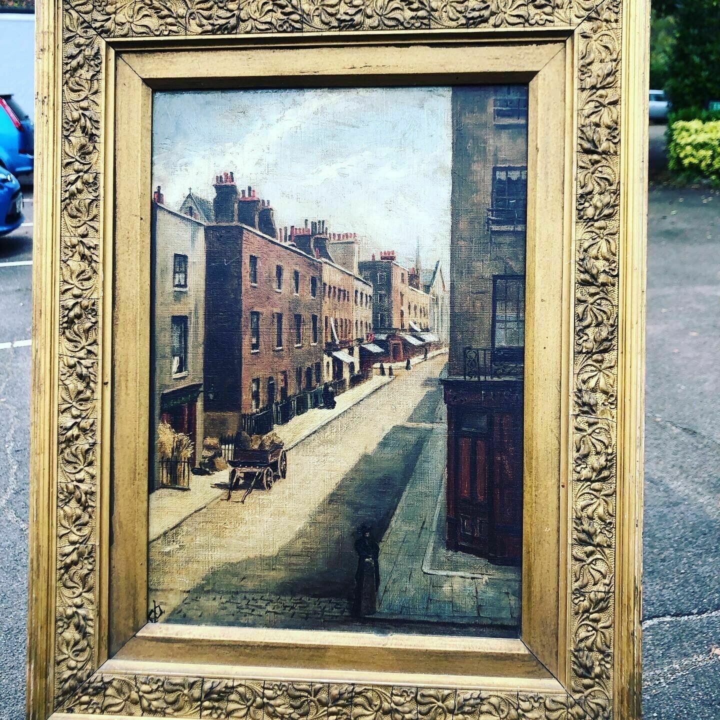 Victorian English Street Scene, Oil On Board, Signed, In Gilt Frame. photo vintage