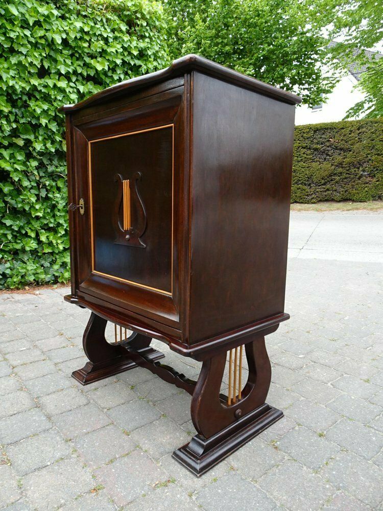 Italian Two Tone Mahogany Lyre Cabinet In The Style Of Borsani photo furniture