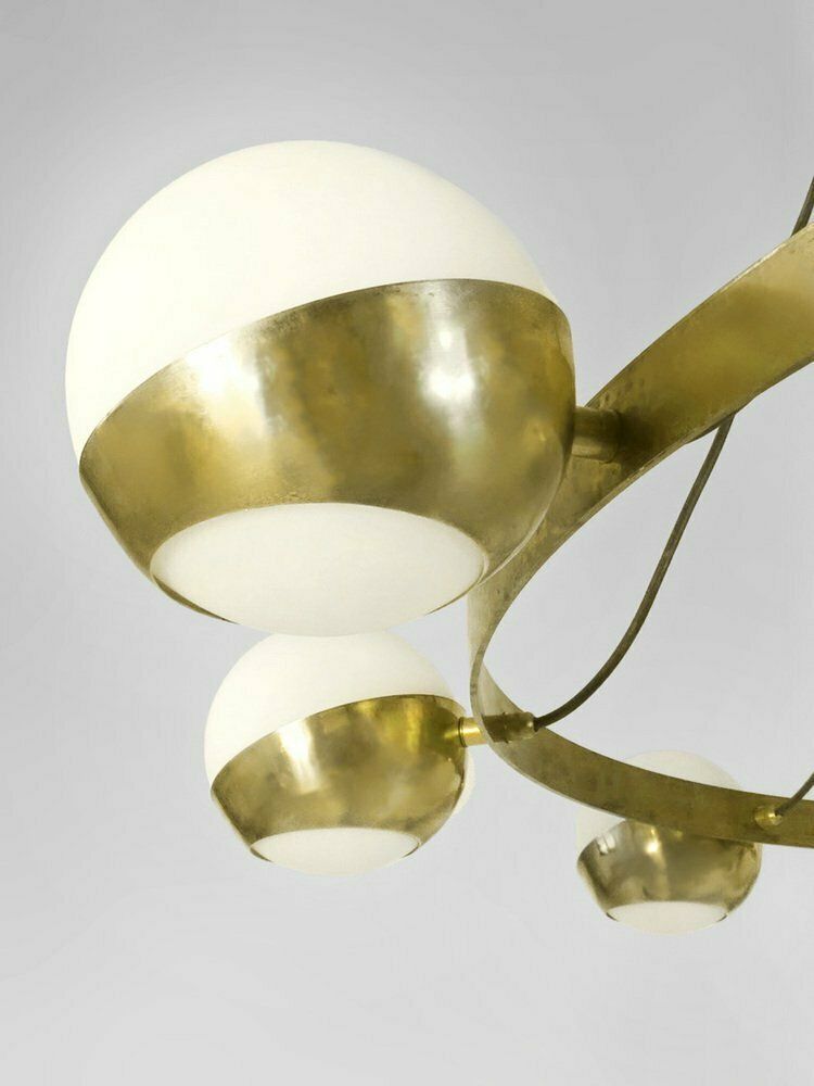 Mid Century Brass And Opaline Glass Chandelier, 1960s photo Lighting