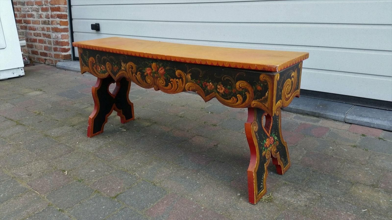 French Hand Painted Wooden Bench By R. Jaeg, 1961