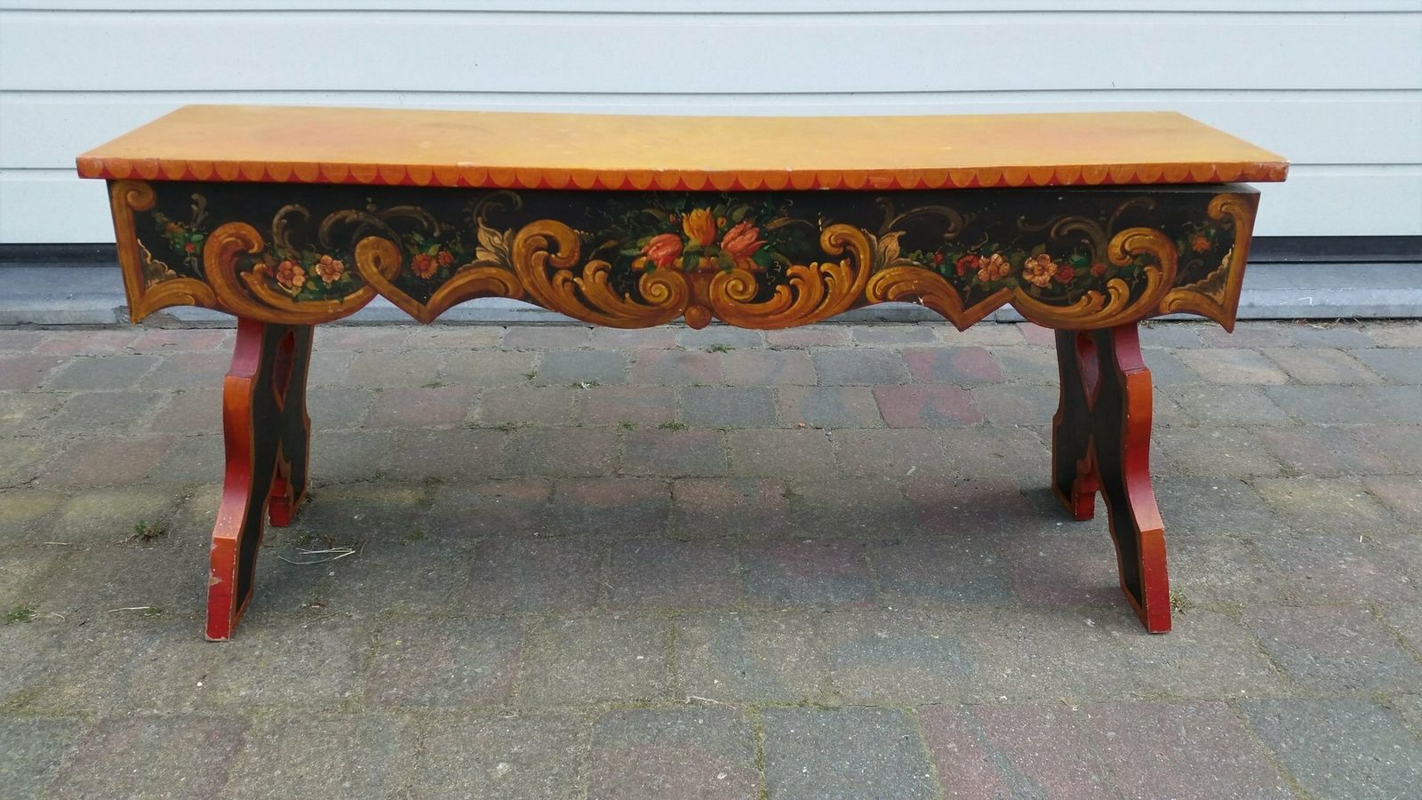 French Hand Painted Wooden Bench By R. Jaeg, 1961 photo furniture