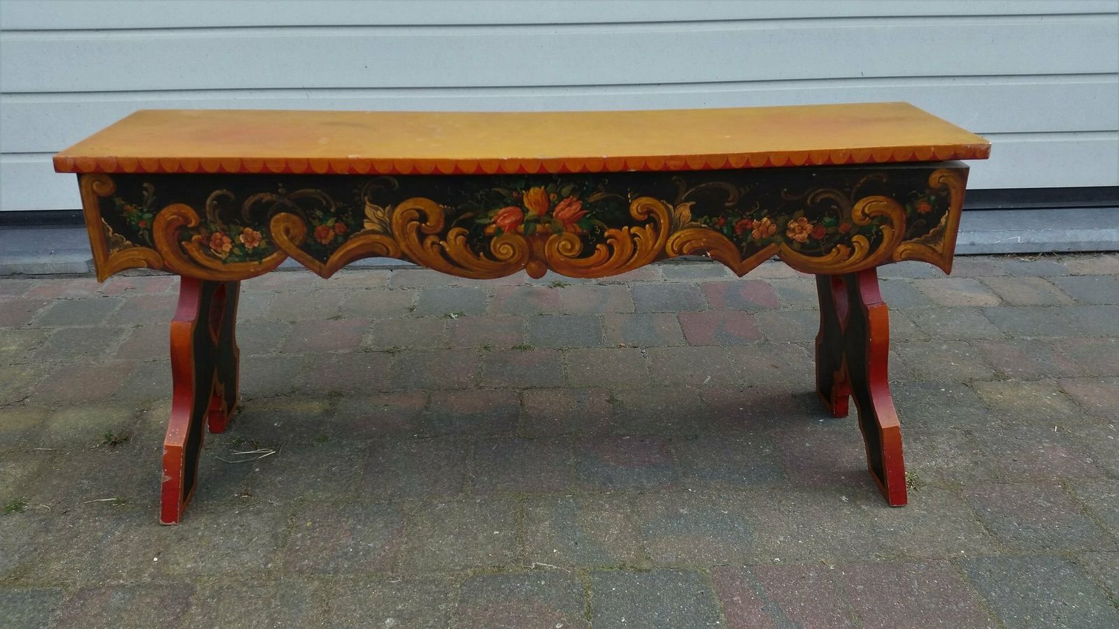 French Hand Painted Wooden Bench By R. Jaeg, 1961 photo for sale