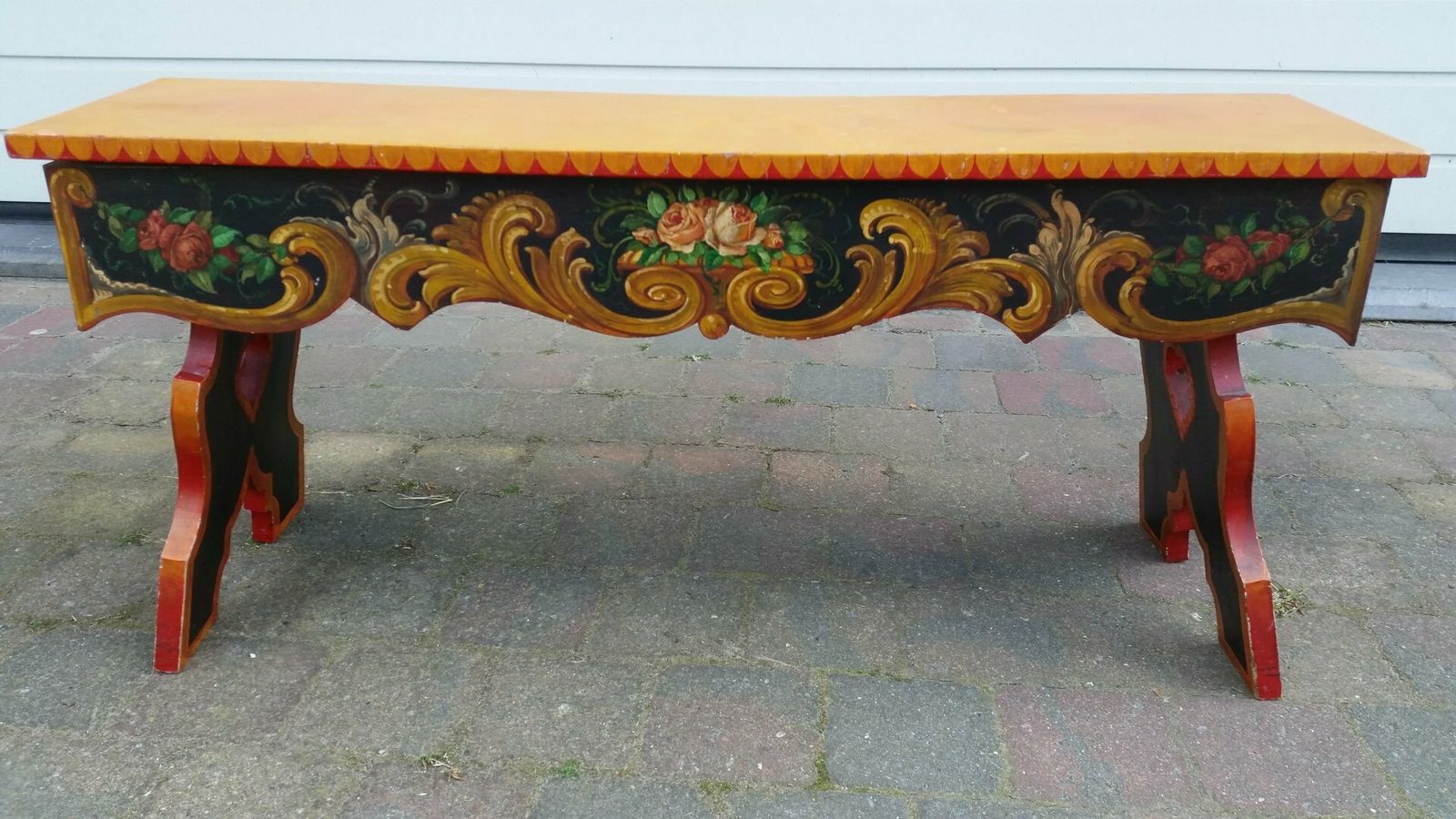 French Hand Painted Wooden Bench By R. Jaeg, 1961 photo Furniture