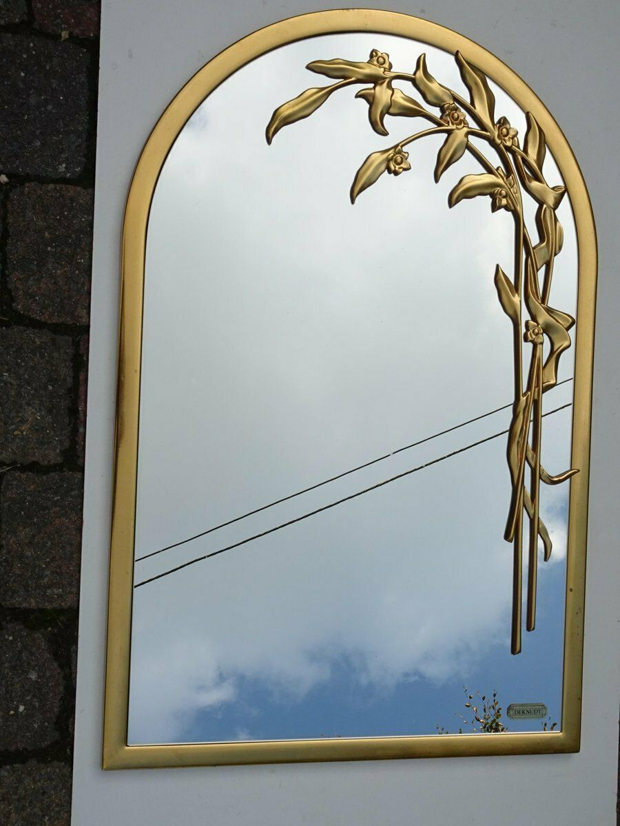 photo furniture Round Gilt Wall Mirror Wiht Floral Design From Deknudt Belgium, 1970s