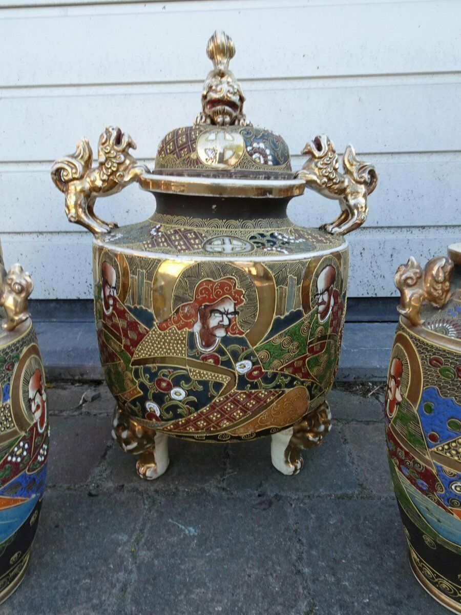 Large Antique Meiji Satsuma Moriage Vases And Burners, Japan, Set Of 7 photo furniture
