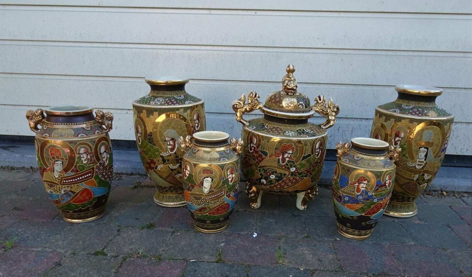 Large Antique Meiji Satsuma Moriage Vases And Burners, Japan, Set Of 7 photo Home Decor