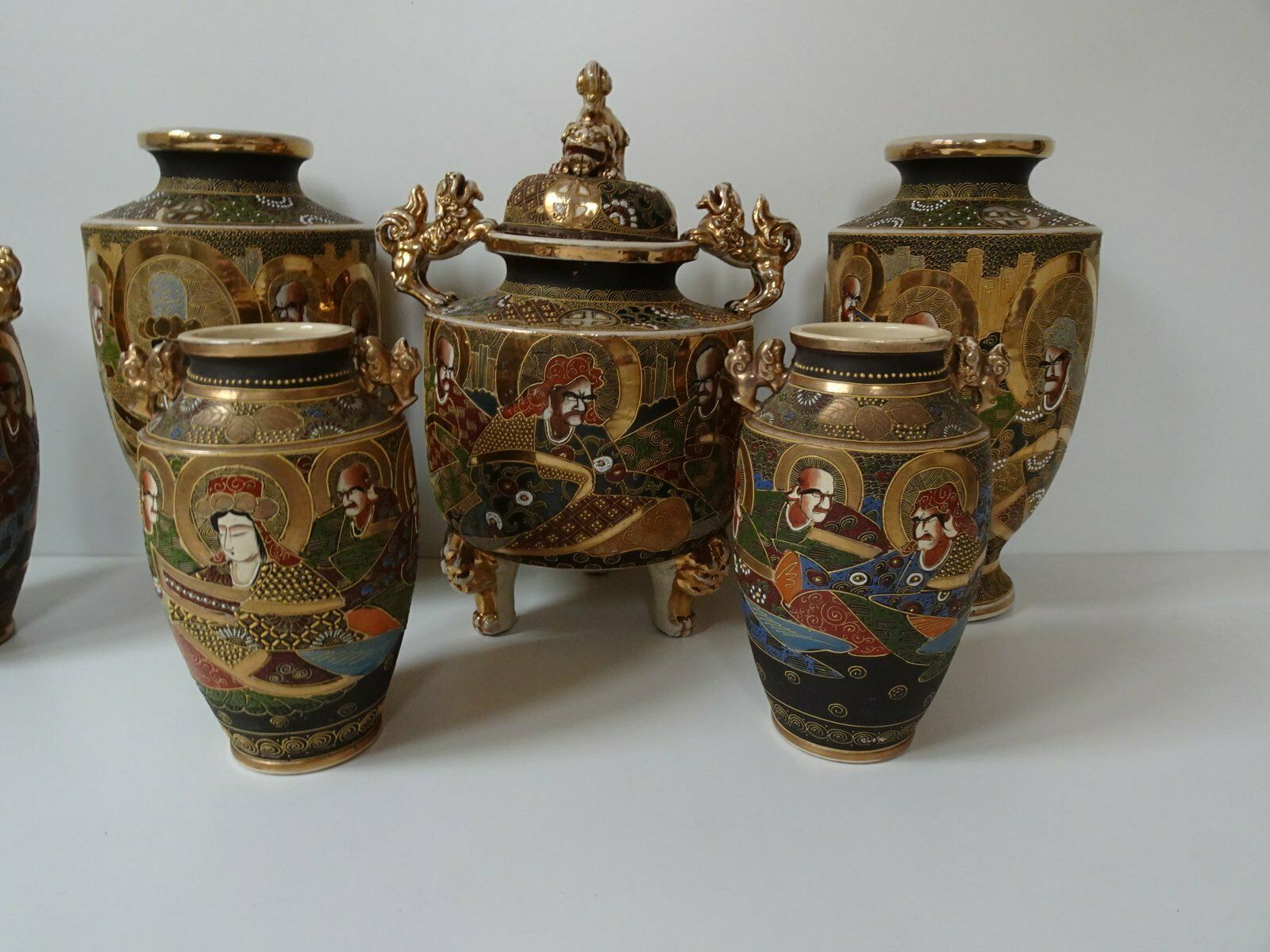 Large Antique Meiji Satsuma Moriage Vases And Burners, Japan, Set Of 7 photo 1611.0