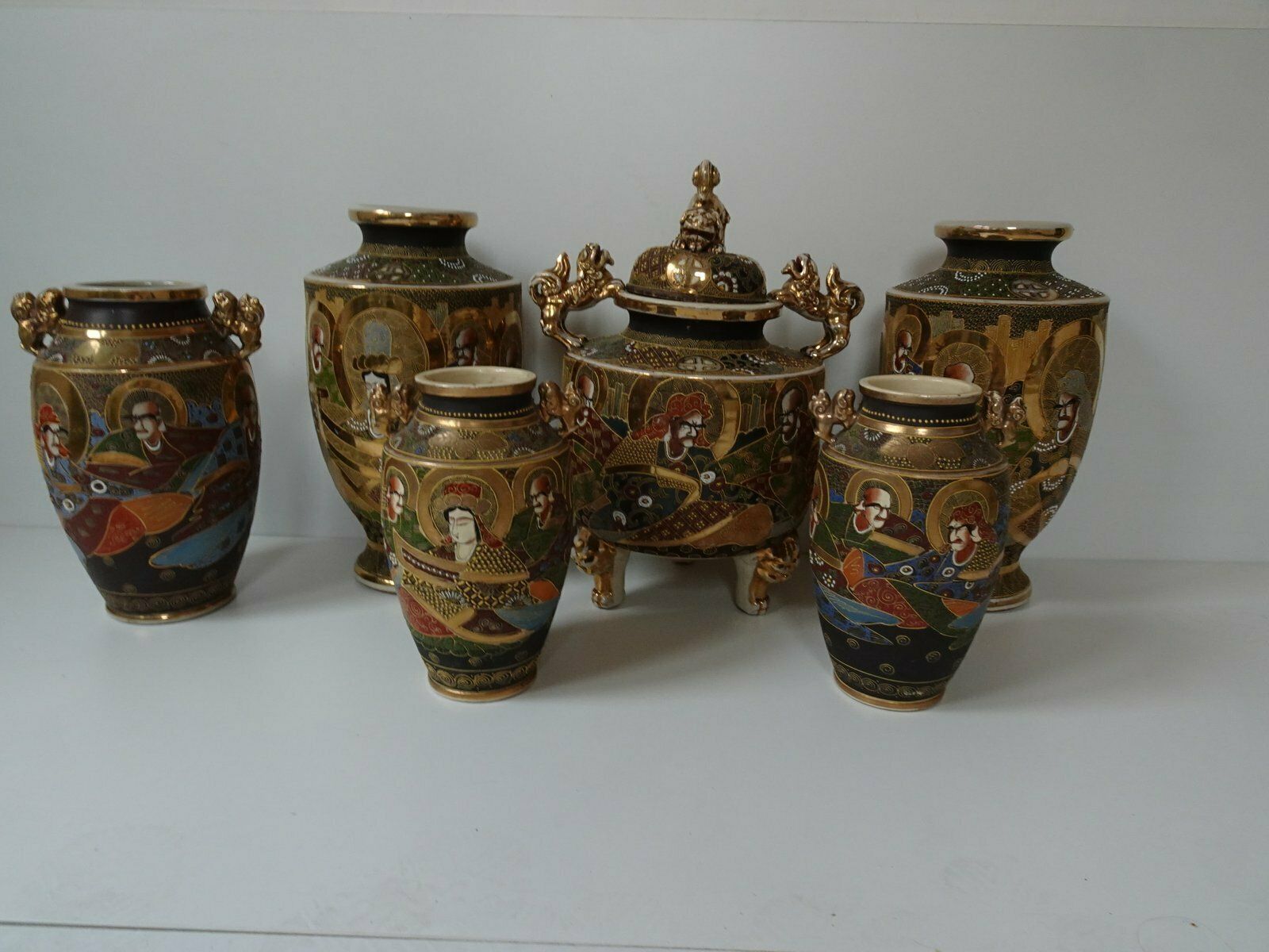Large Antique Meiji Satsuma Moriage Vases And Burners, Japan, Set Of 7 photo vinterior