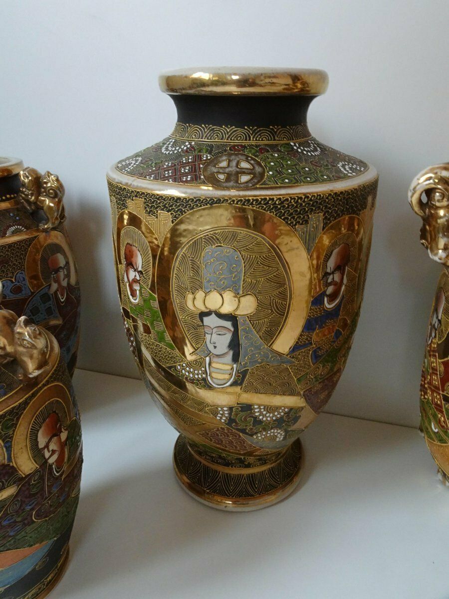photo for sale Large Antique Meiji Satsuma Moriage Vases And Burners, Japan, Set Of 7