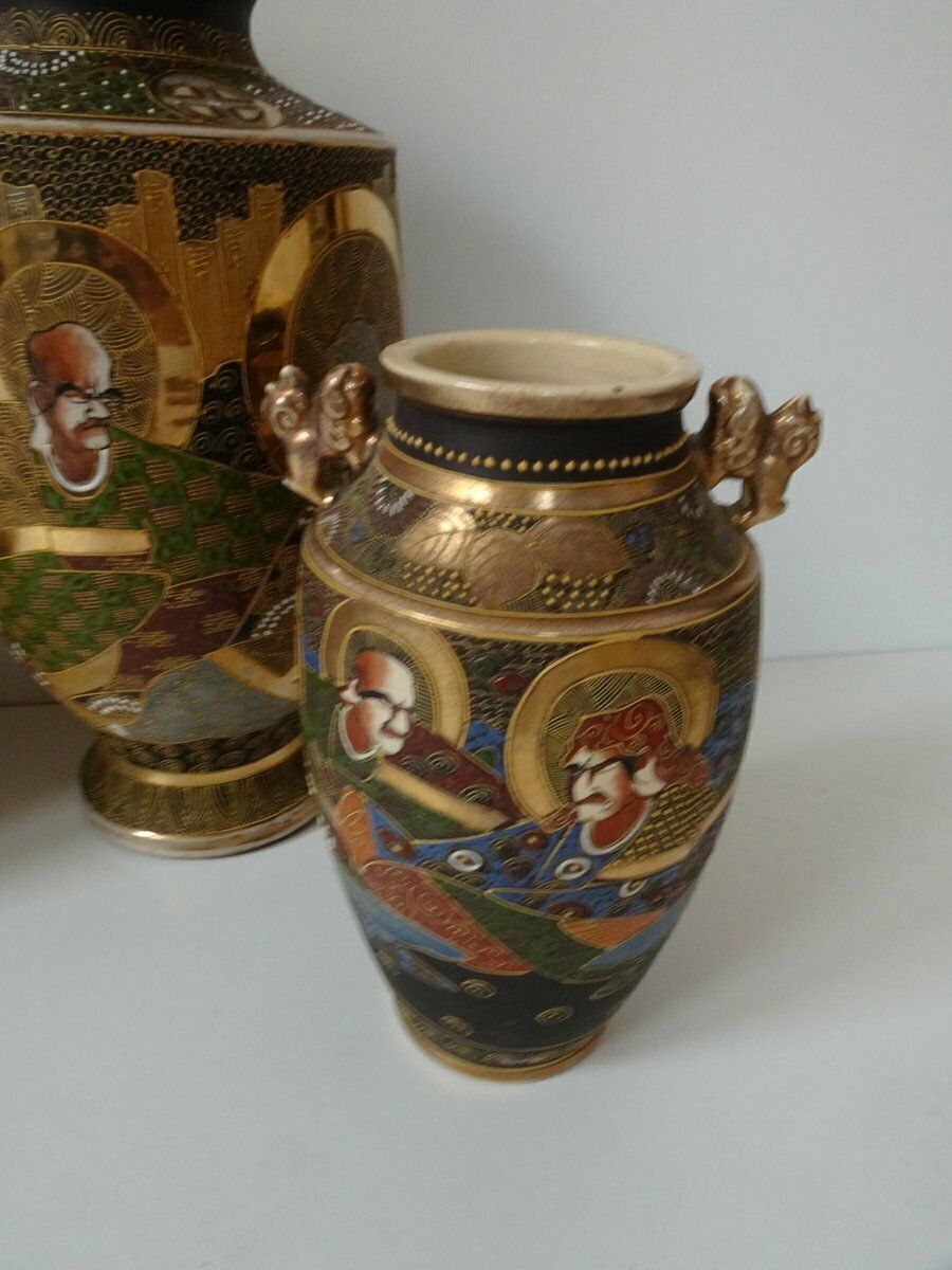 1611.0 Large Antique Meiji Satsuma Moriage Vases And Burners, Japan, Set Of 7 photo